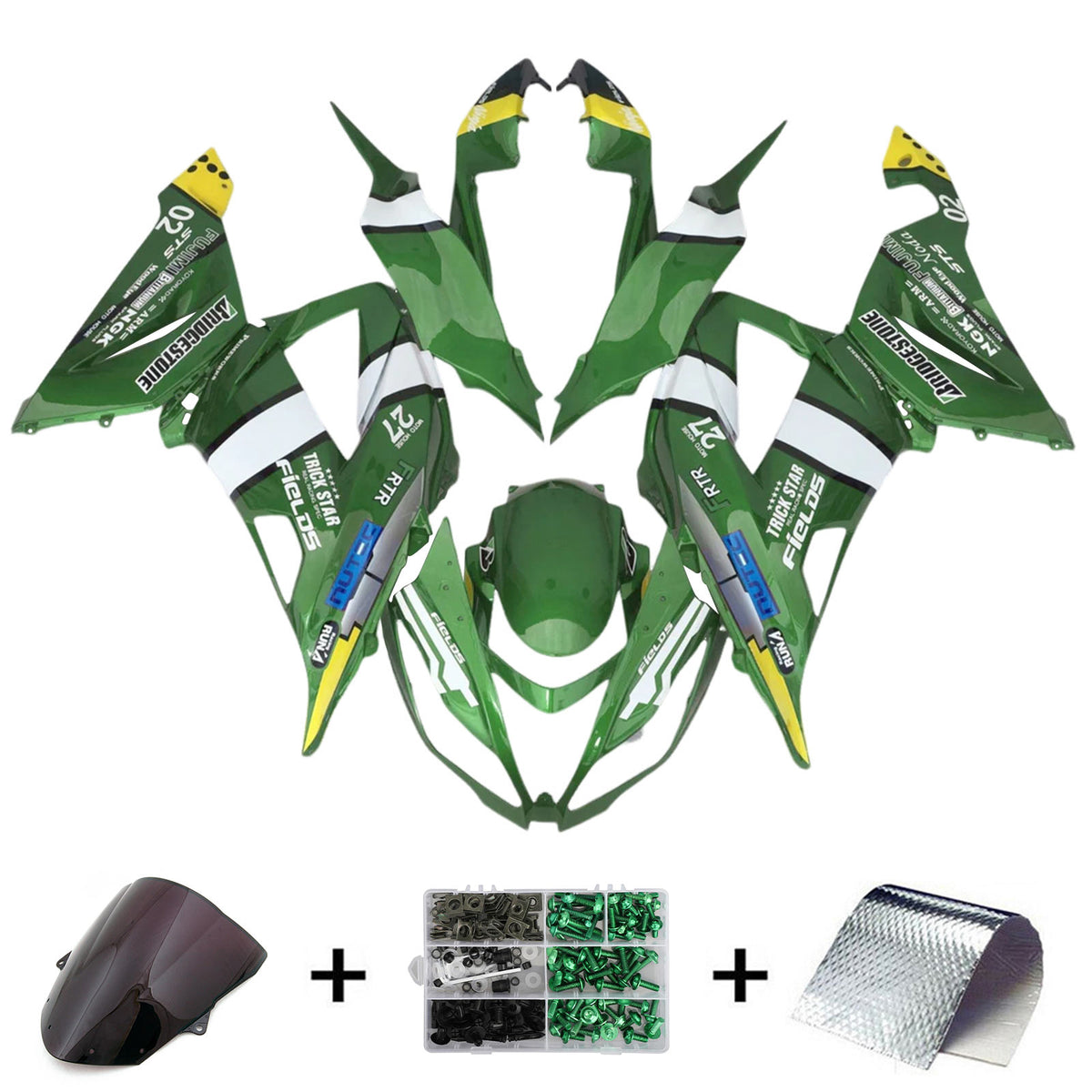 Amotopart 2013-2018 Kawasaki ZX6R 636 Green White Yellow Fairing Kit