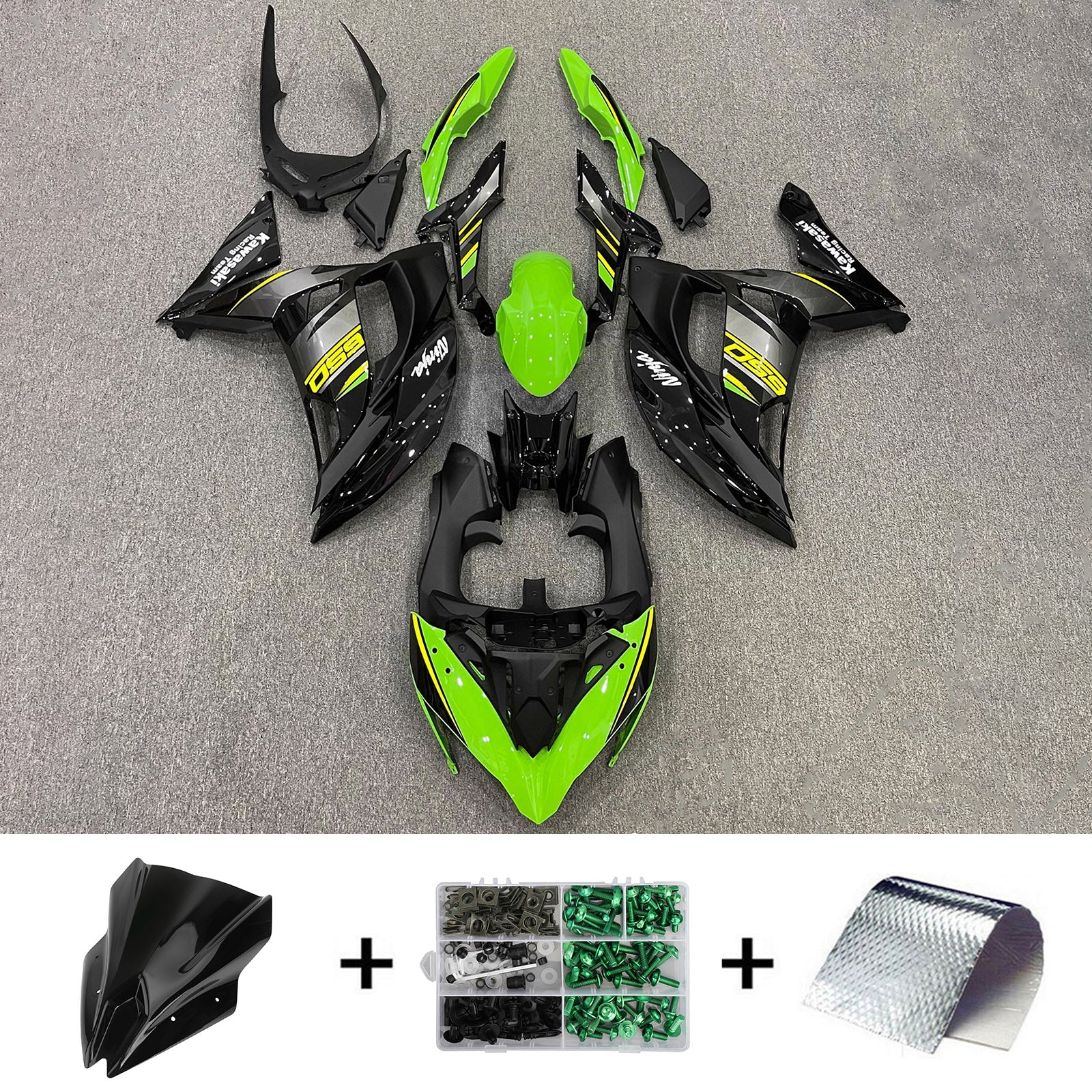 Amotopart 2017-2019 Kawasaki ER6F/Ninja 650R Kit de carenado negro y verde Style1