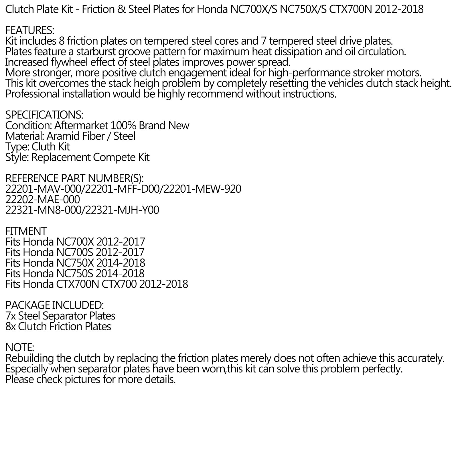 Clutch Kit Steel & Friction Plates for Honda NC700X/S NC750X/S CTX700N 2012-2018