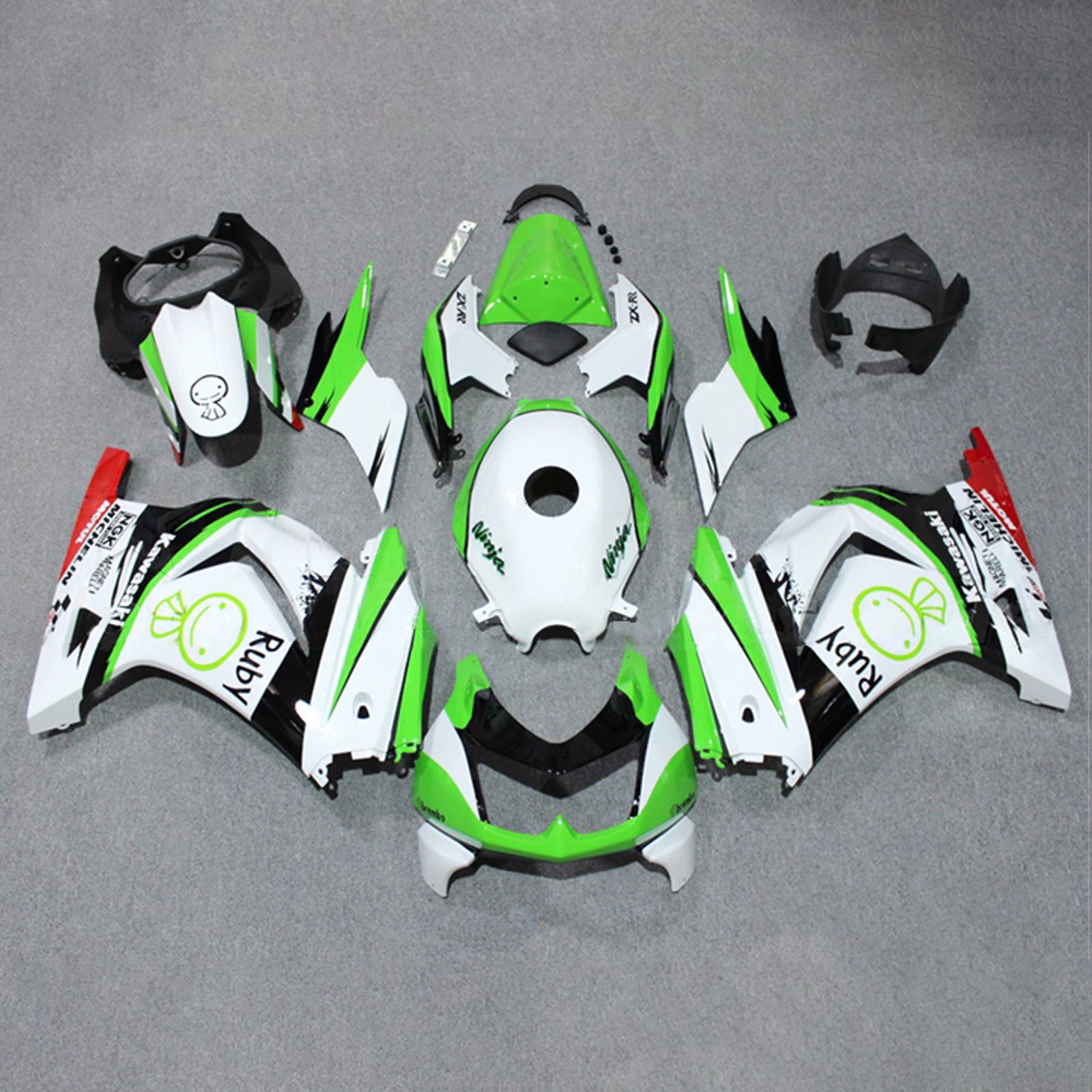 Amotopart 2008-2012 Kawasaki EX250/Ninja250R White Green Black Fairing Kit