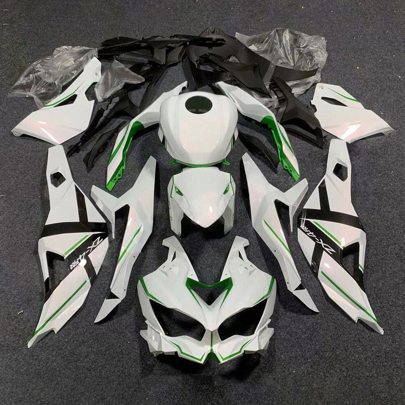 Amotopart 2019-2024 Ninja ZX-25R ZX-4R ZX-4RR Kawasaki blanco con kit de carenado de rayas verdes