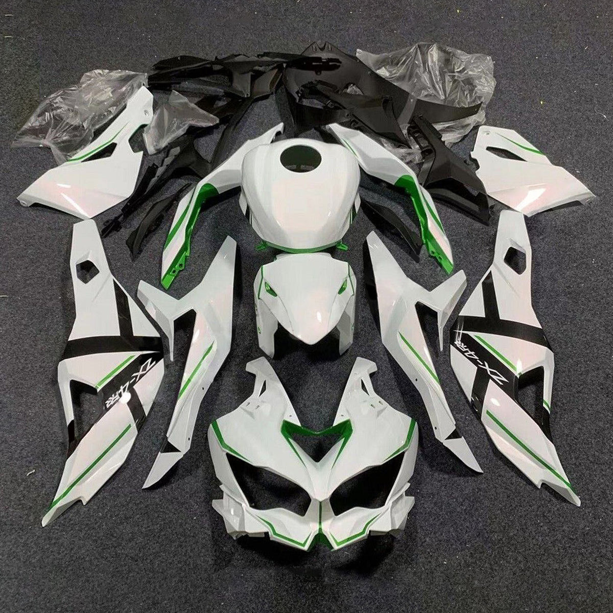 Amotopart 2019-2024 Ninja ZX-25R ZX-4R ZX-4RR Kawasaki blanco con kit de carenado de rayas verdes