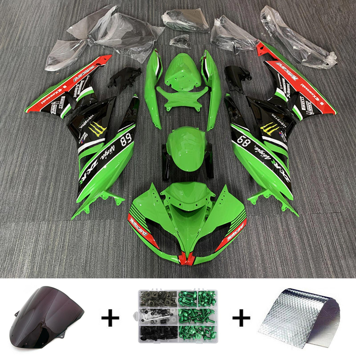 Amotopart Kawasaki 2009-2012 ZX6R 636 Kit de carenado verde y negro Style4