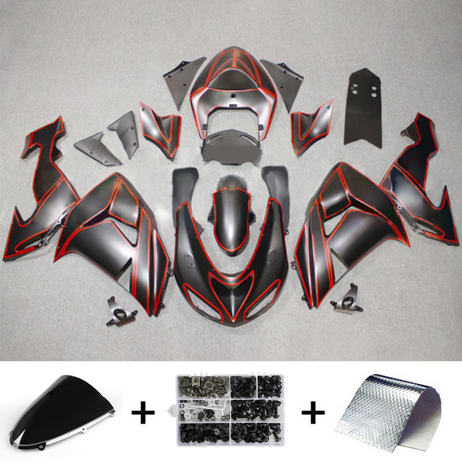 Amotopart 2006-2007 Kawasaki ZX10R negro mate con kit de carenado de rayas rojas