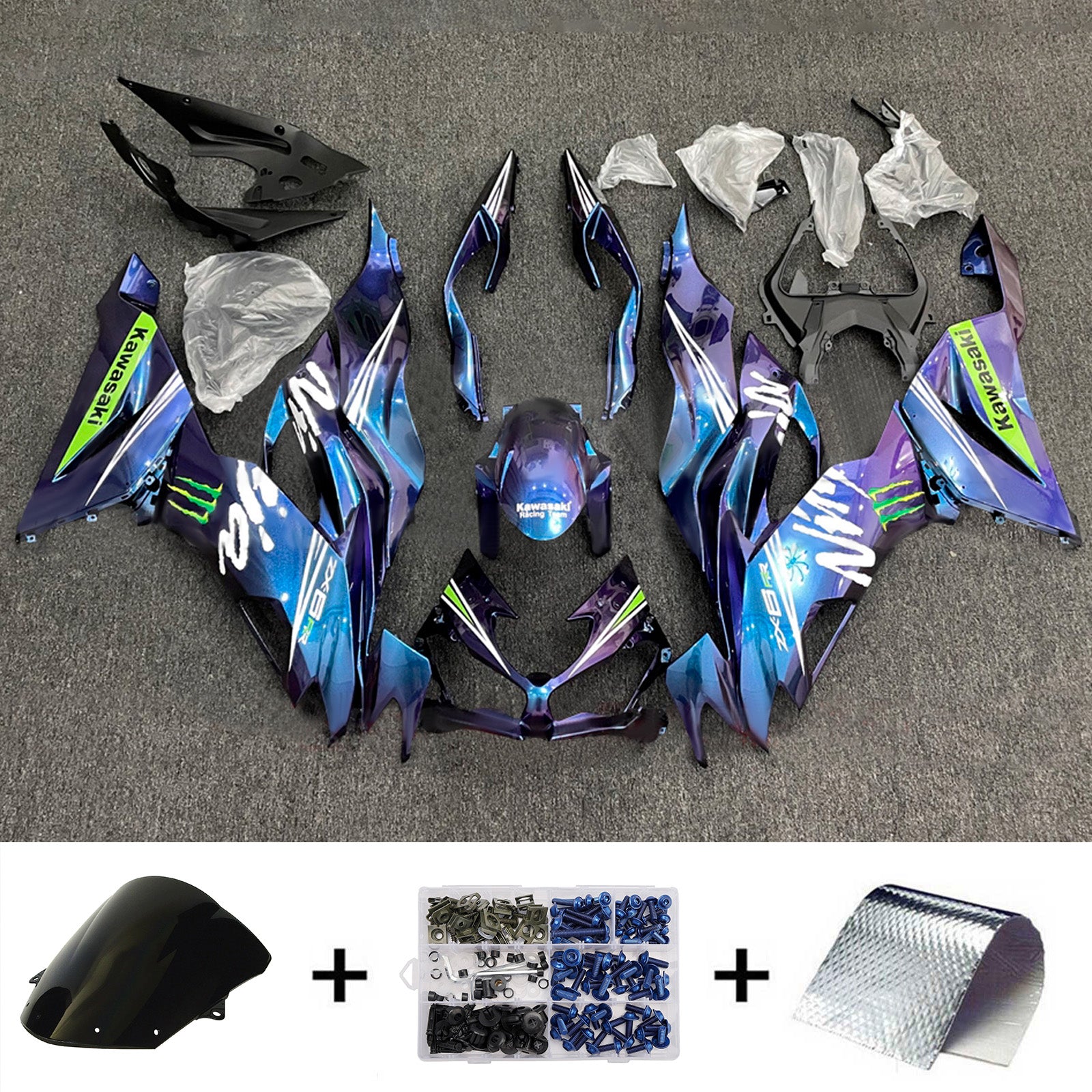 Amotopart 2019-2023 Kawasaki ZX6R Blue Purple Chameleon Fairing Kit
