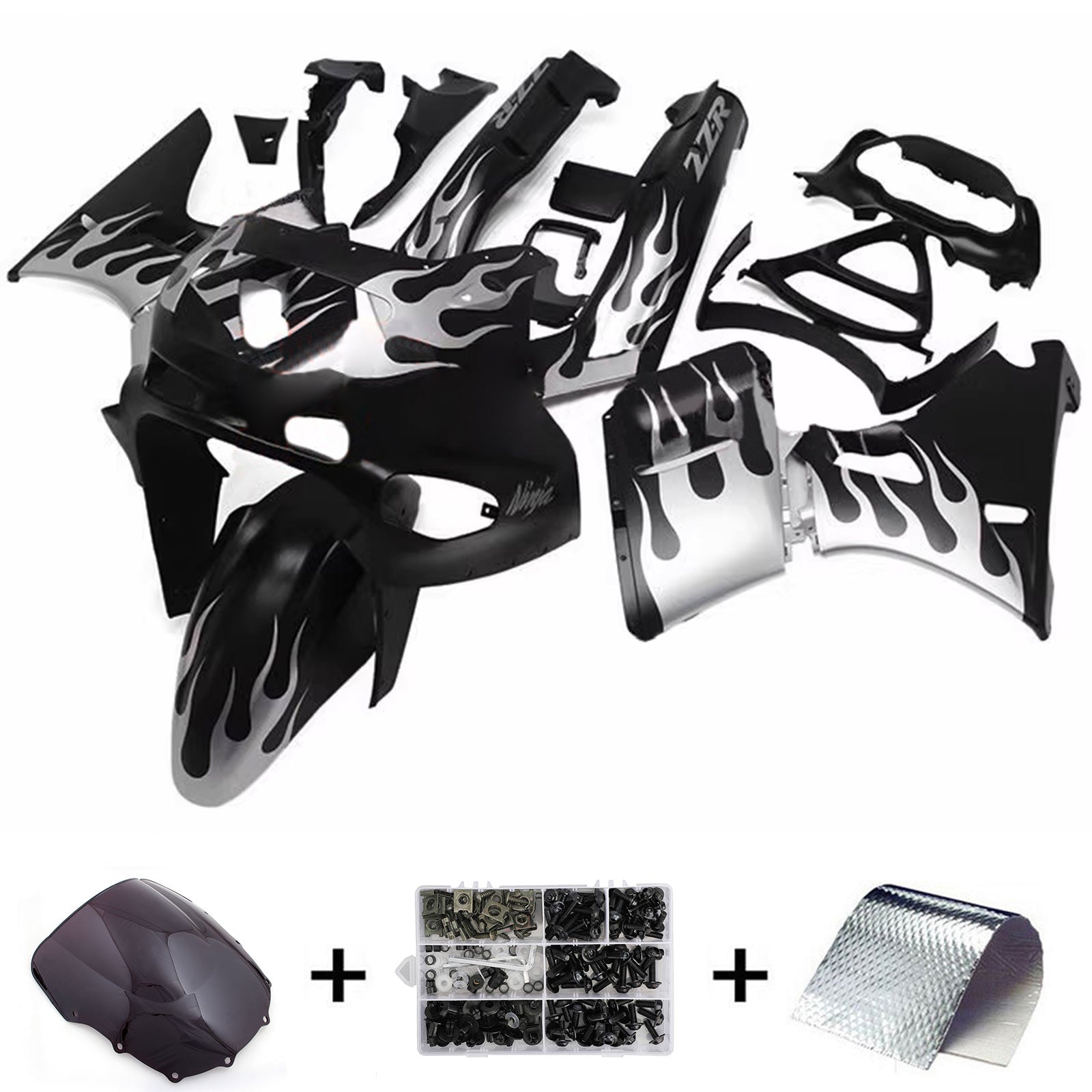 Amotopart ZZR400 1993-2007 ZZR600 1998-2003 Kawasaki Black with Silver Flame Fairing Kit