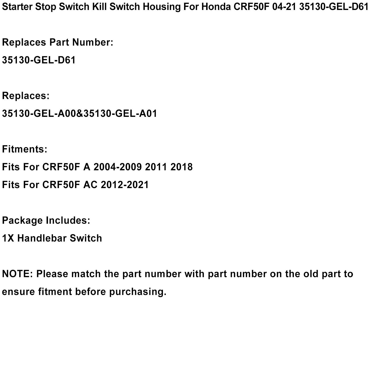 Starter Stop Switch Kill Switch Housing For Honda CRF50F 04-21 35130-GEL-D61