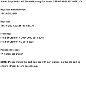 Starter Stop Switch Kill Switch Housing For Honda CRF50F 04-21 35130-GEL-D61