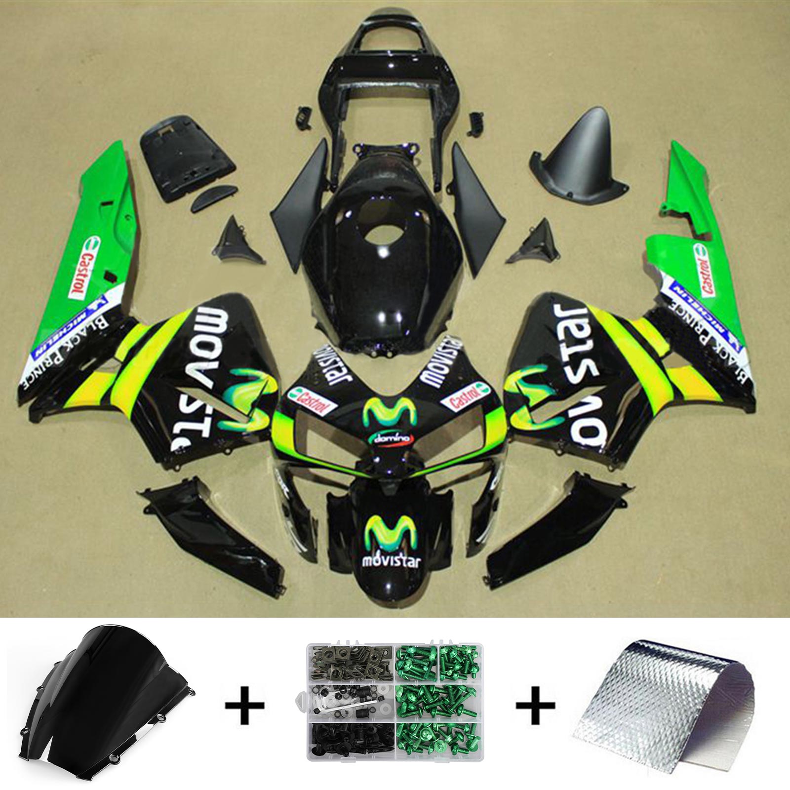 Amotopart 2003-2004 Honda CBR600RR Kit de carénage noir jaune vert