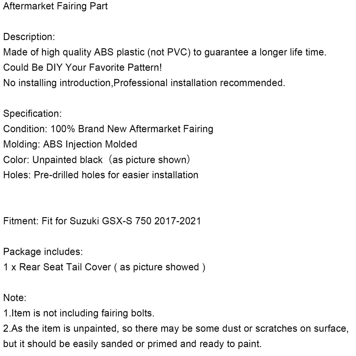 2017-2024 Suzuki GSXS GSX-S 750 Umalet bagbeklædning Baghalebeklædning