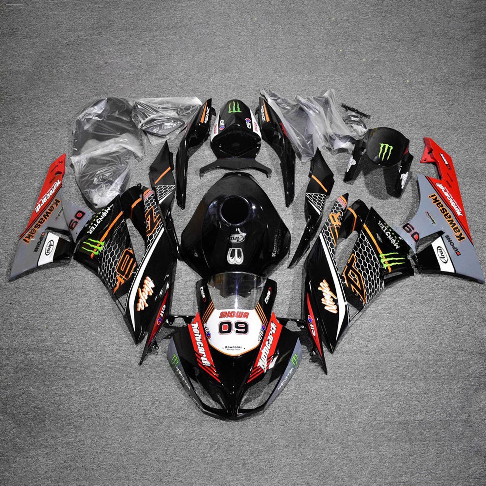 Amotopart 2009-2012 Kawasaki ZX6R 636 Black Red Grey Fairing Kit