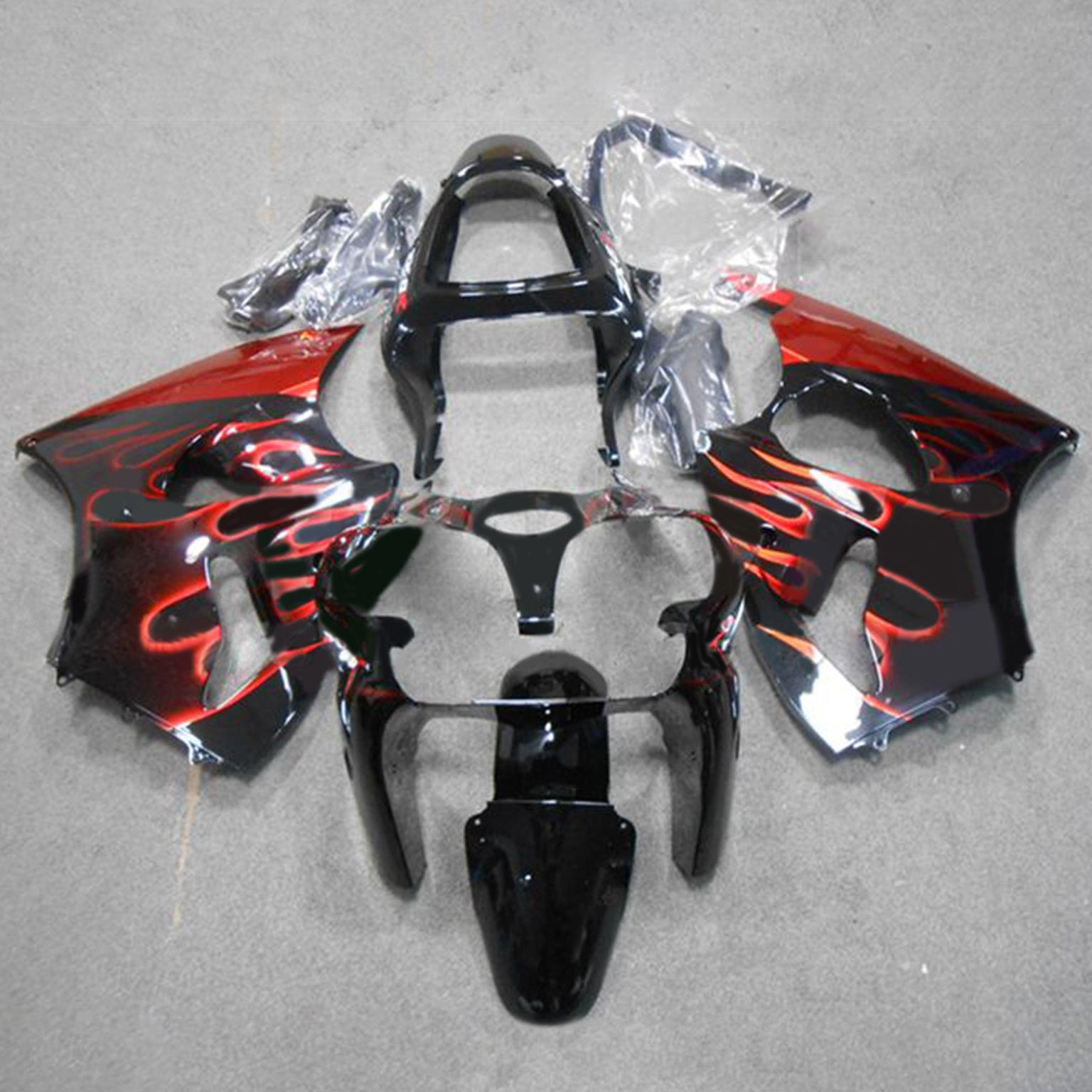 Amotopart ZX6R 636 2000–2002 ZZR600 2005–2008 Kawasaki Schwarz mit roter Flamme Verkleidungsset