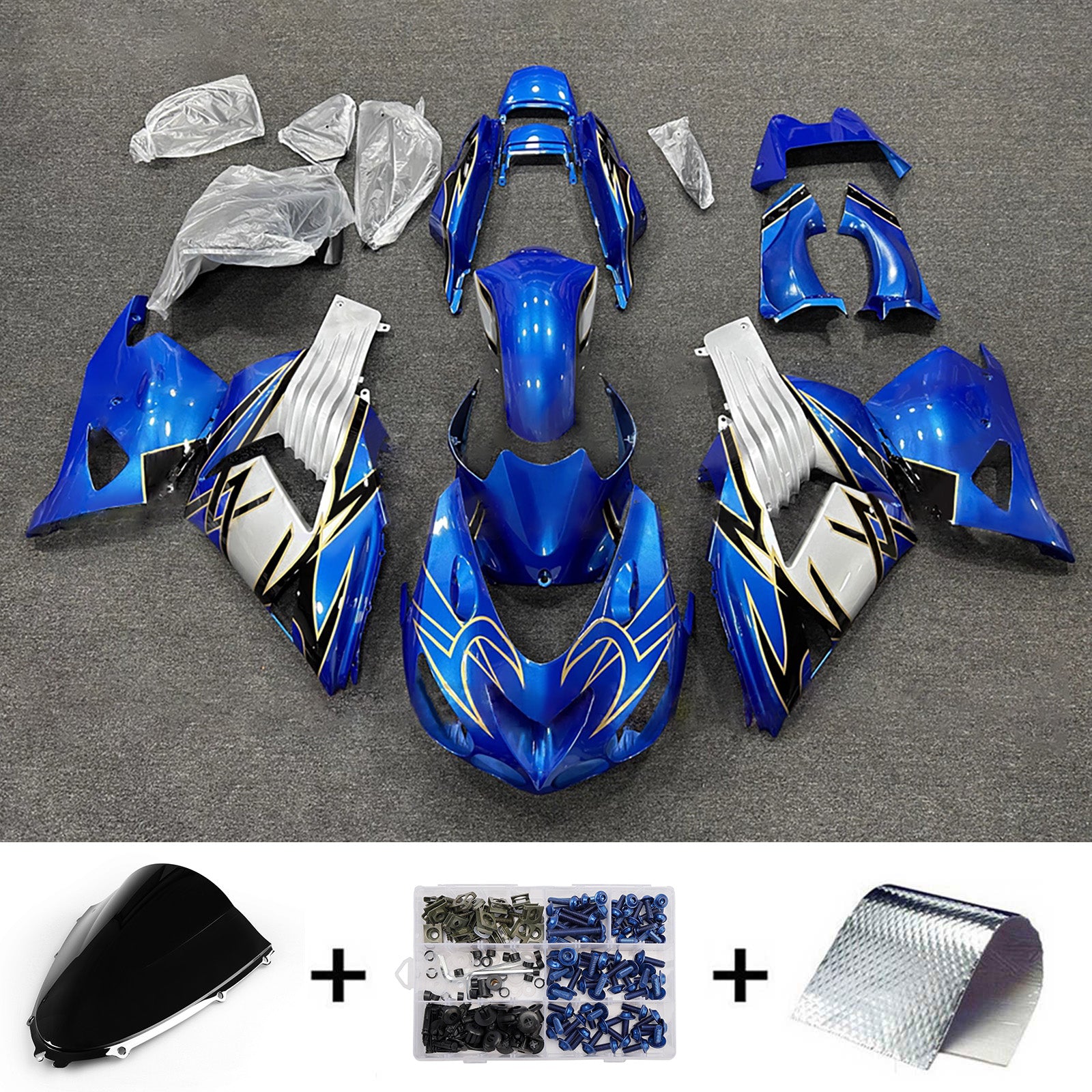 Amotopart 2012-2025 Kawasaki ZX14R ZZR1400 Blue Black White Fairing Kit