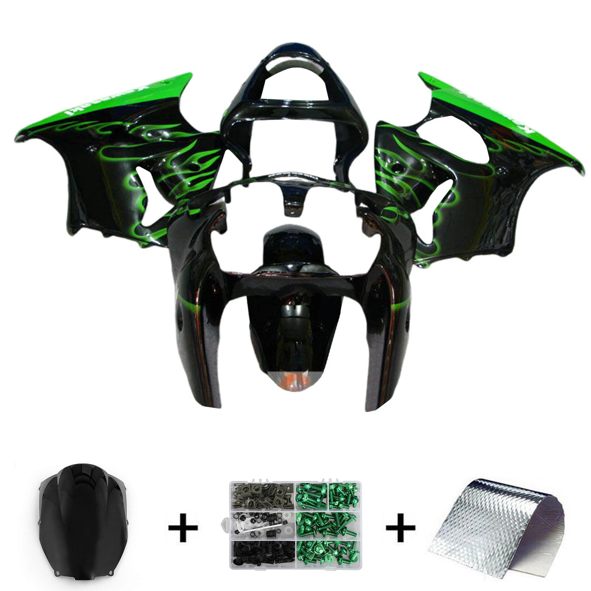 Amotopart 2000-2002 Kawasaki ZX6R 636 & 2005-2008 Kawasaki ZZR600 Black & Green Fairing Kit