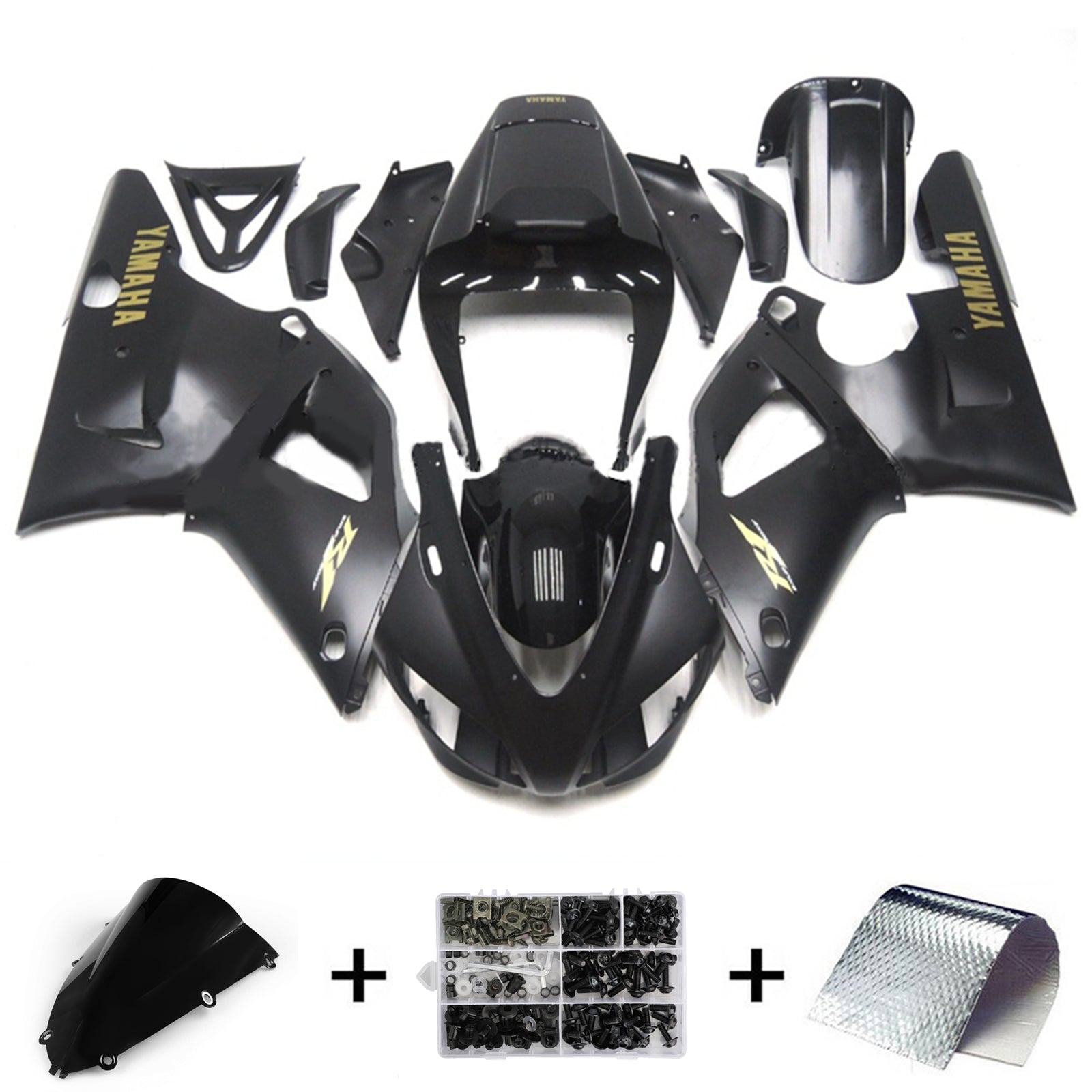 Amotopart 1998-1999 Yamaha YZF 1000 R1 Kit de carenado negro mate con logotipos dorados