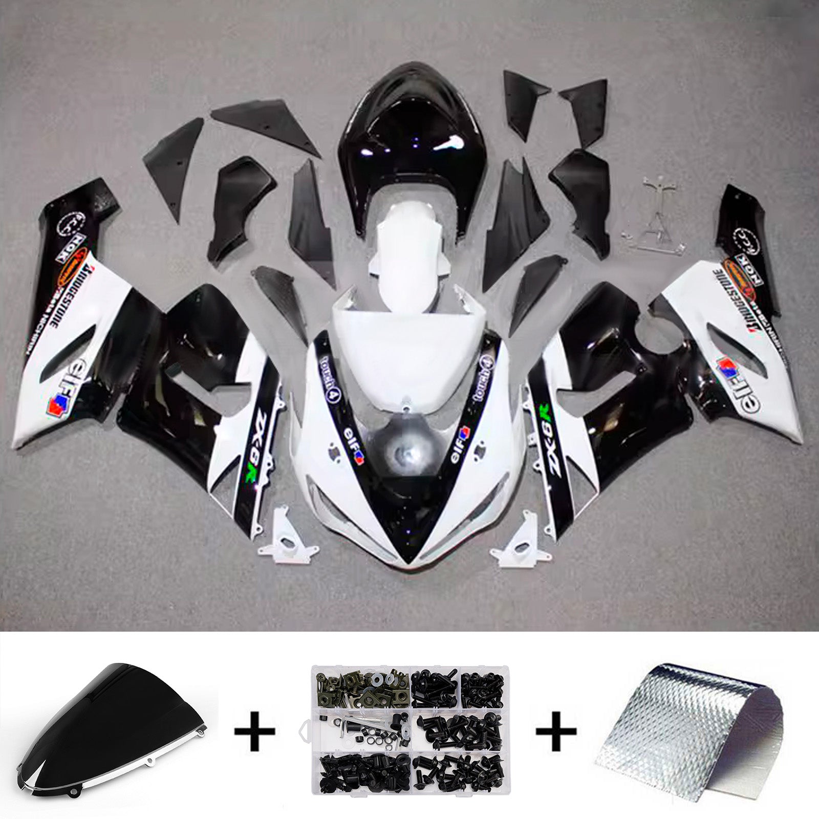 Amotopart 2005-2006 Kawasaki ZX6R 636 Black White Fairing Kit