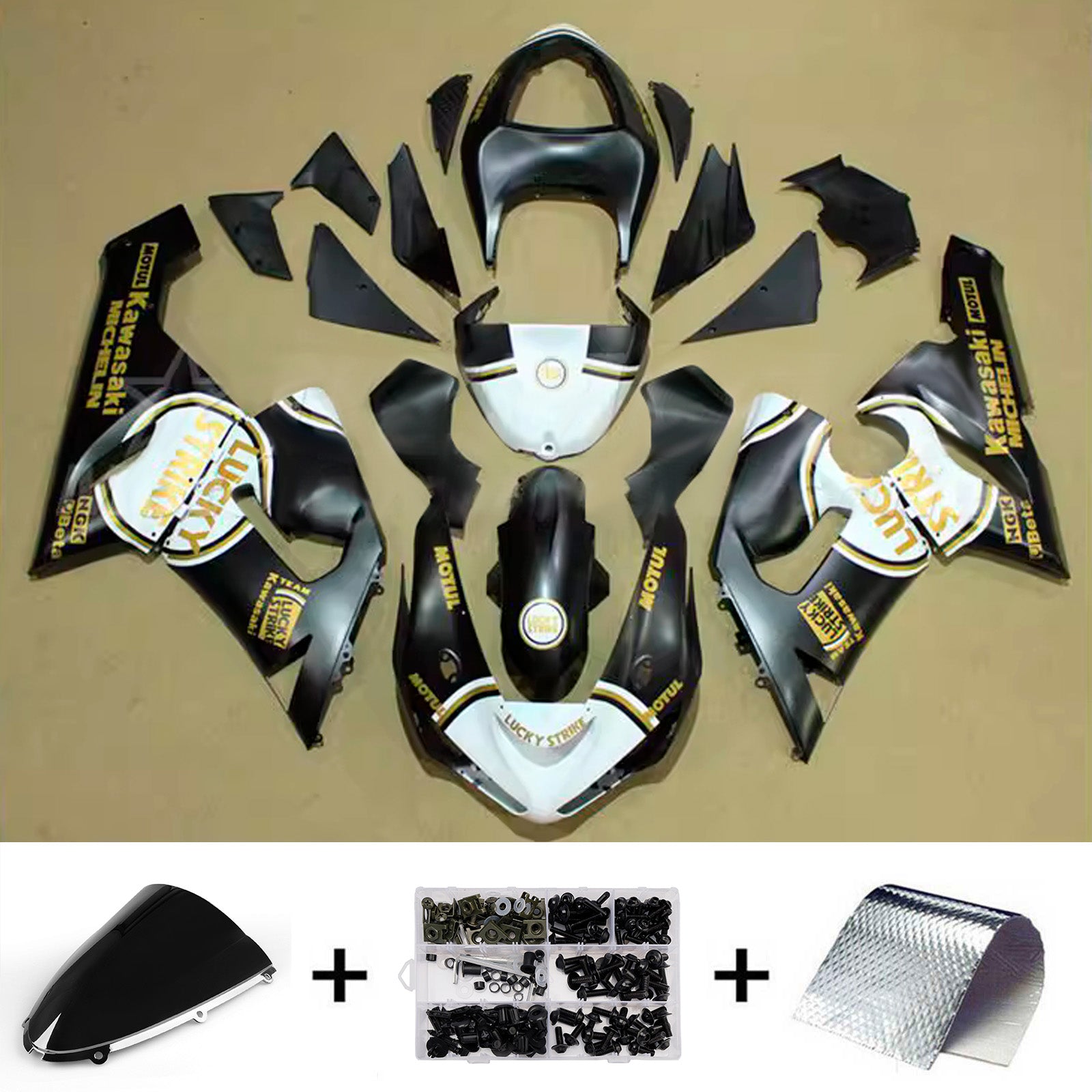Amotopart 2005-2006 Kawasaki ZX6R 636 Black Gold White Fairing Kit