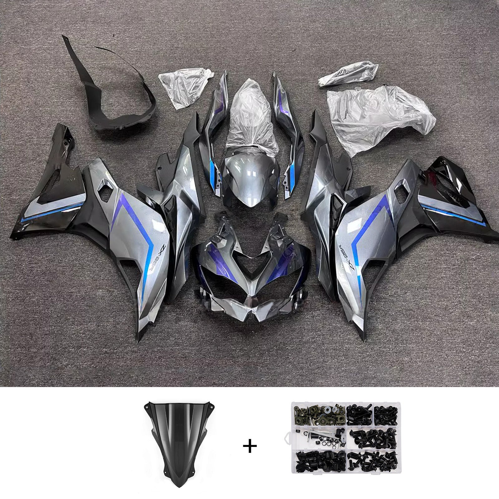 Amotopart 2019-2022 Kawasaki Ninja ZX-25R 2023-2025 Kawasaki Ninja ZX-4R/ZX-4RR Grey Blue Fairing Kit
