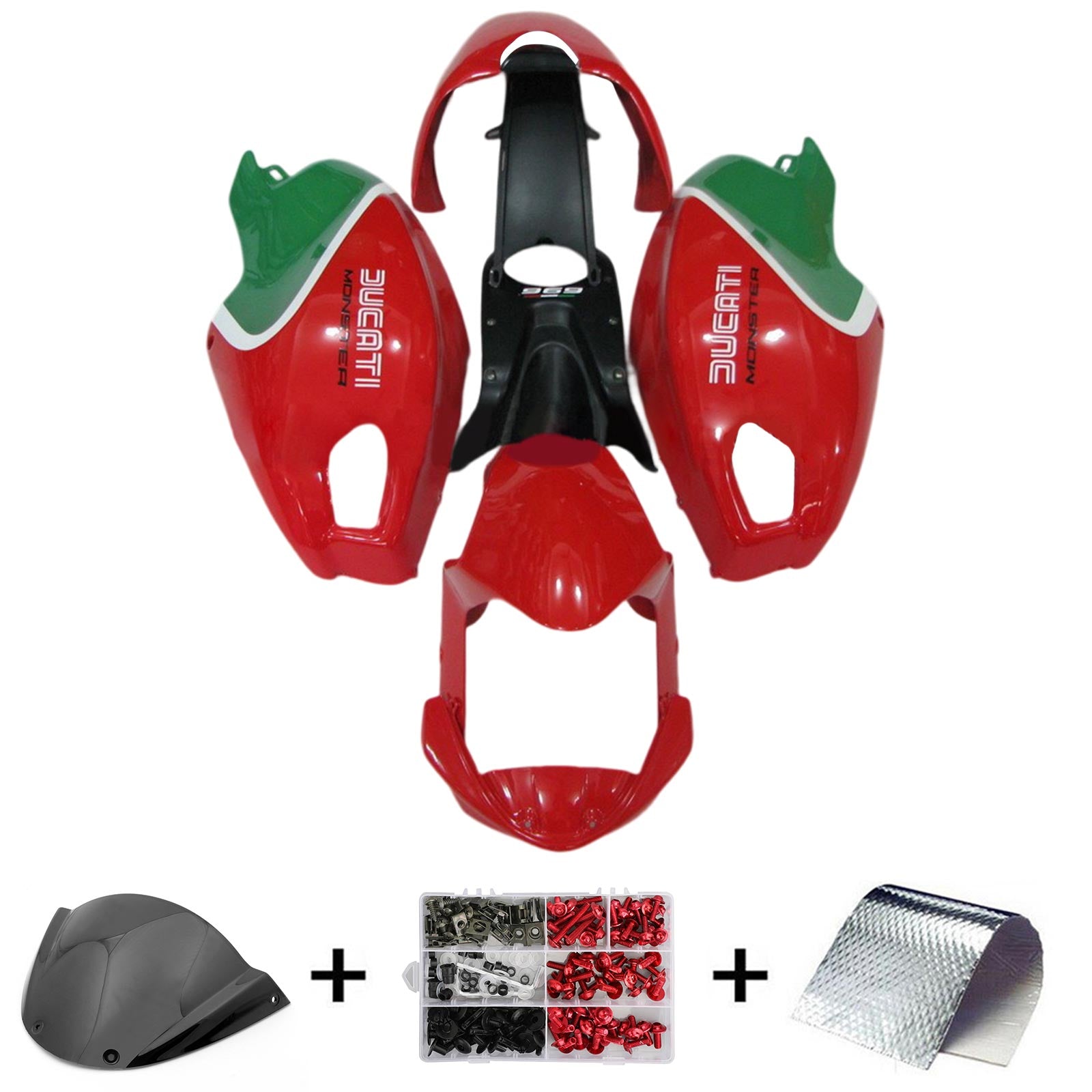 Amotopart Kit de carénage Ducati Monster 696 796 1100 S EVO rouge et vert toutes années