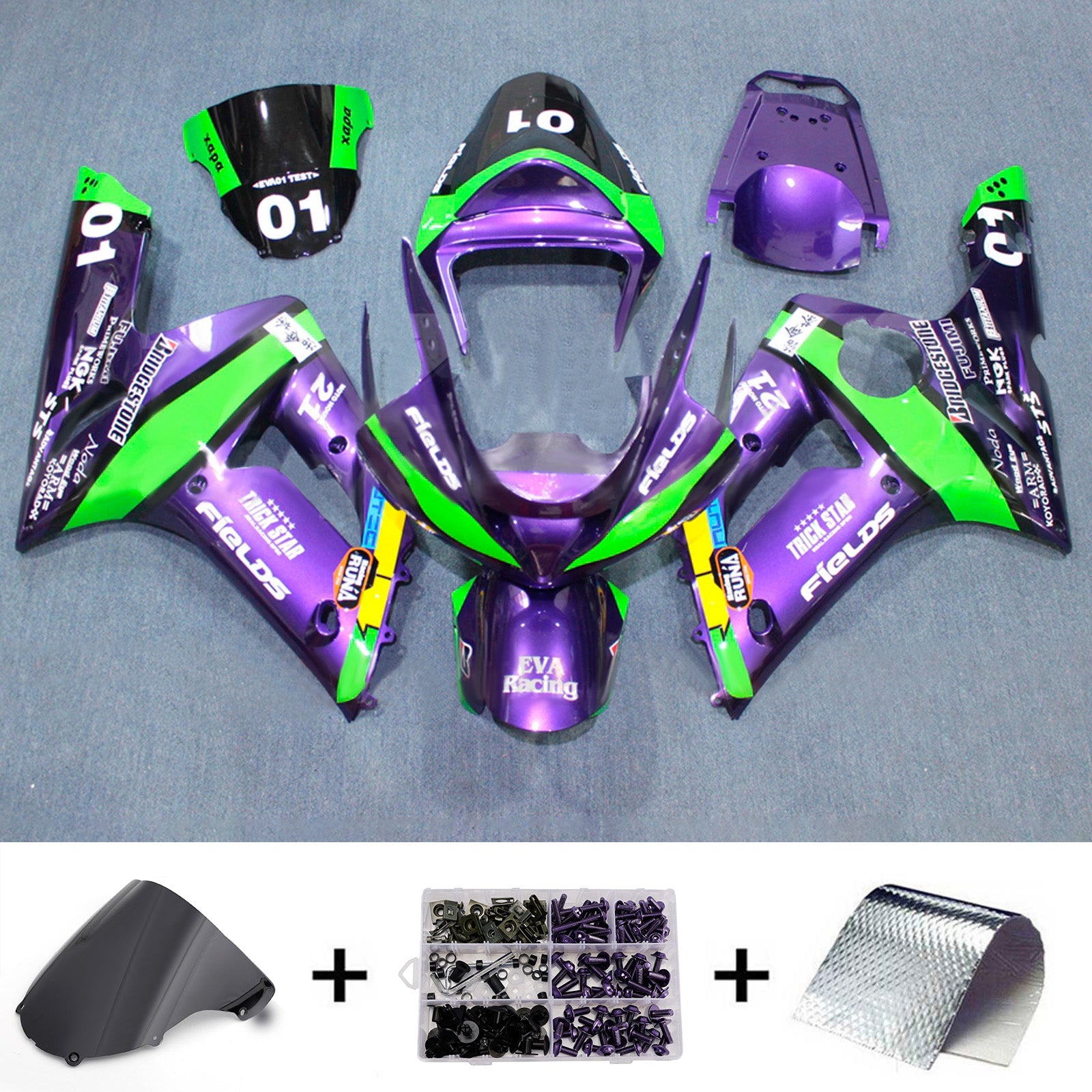 Amotopart 2003-2004 Kawasaki ZX6R 636 Purple Black Green Fairing Kit