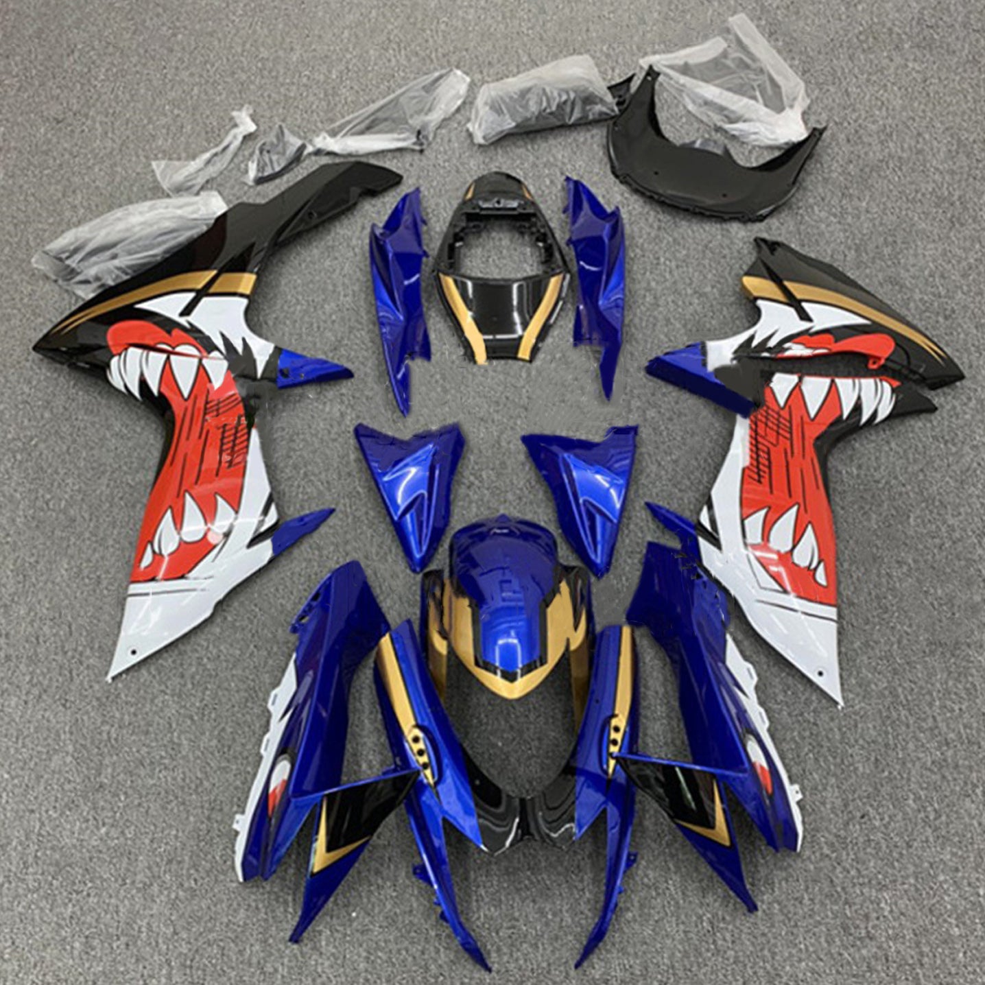 Amotopart 2011-2025 GSXR 600/750 Suzuki Gloss Blue&Red Shark Teeth Fairing Kit