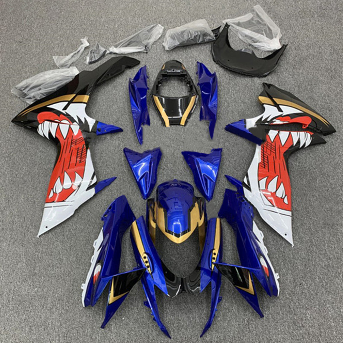 Amotopart 2011-2024 GSXR 600/750 スズキ グロスブルー&レッドシャークティース フェアリングキット