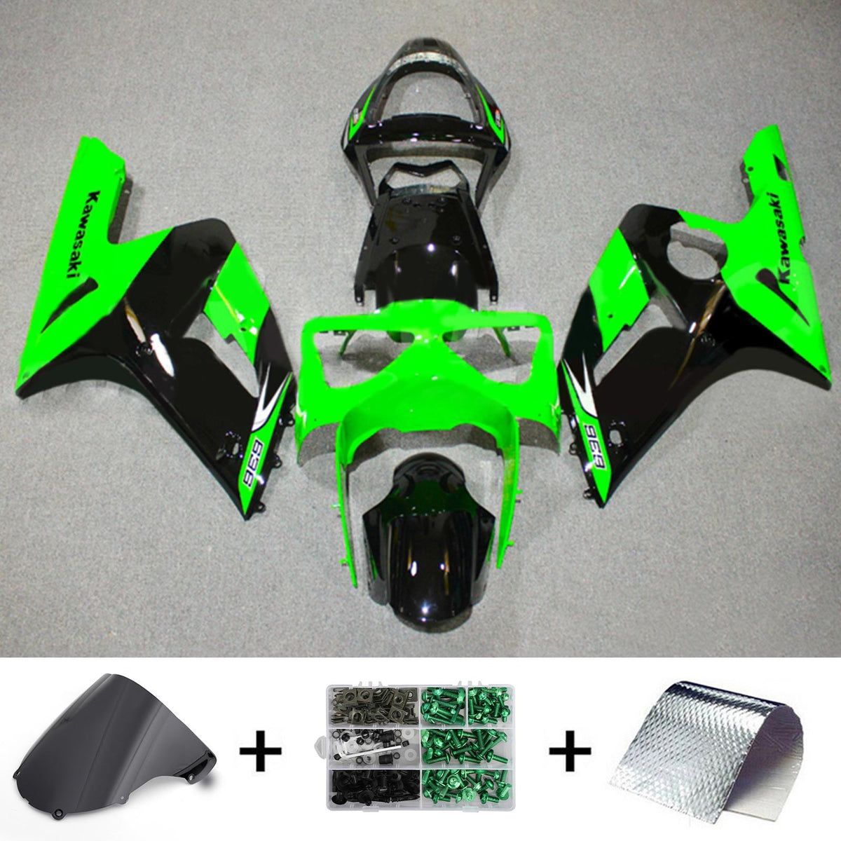 Amotopart 2003–2004 ZX6R 636 Kawasaki Green &amp; Black Style5 Verkleidungsset