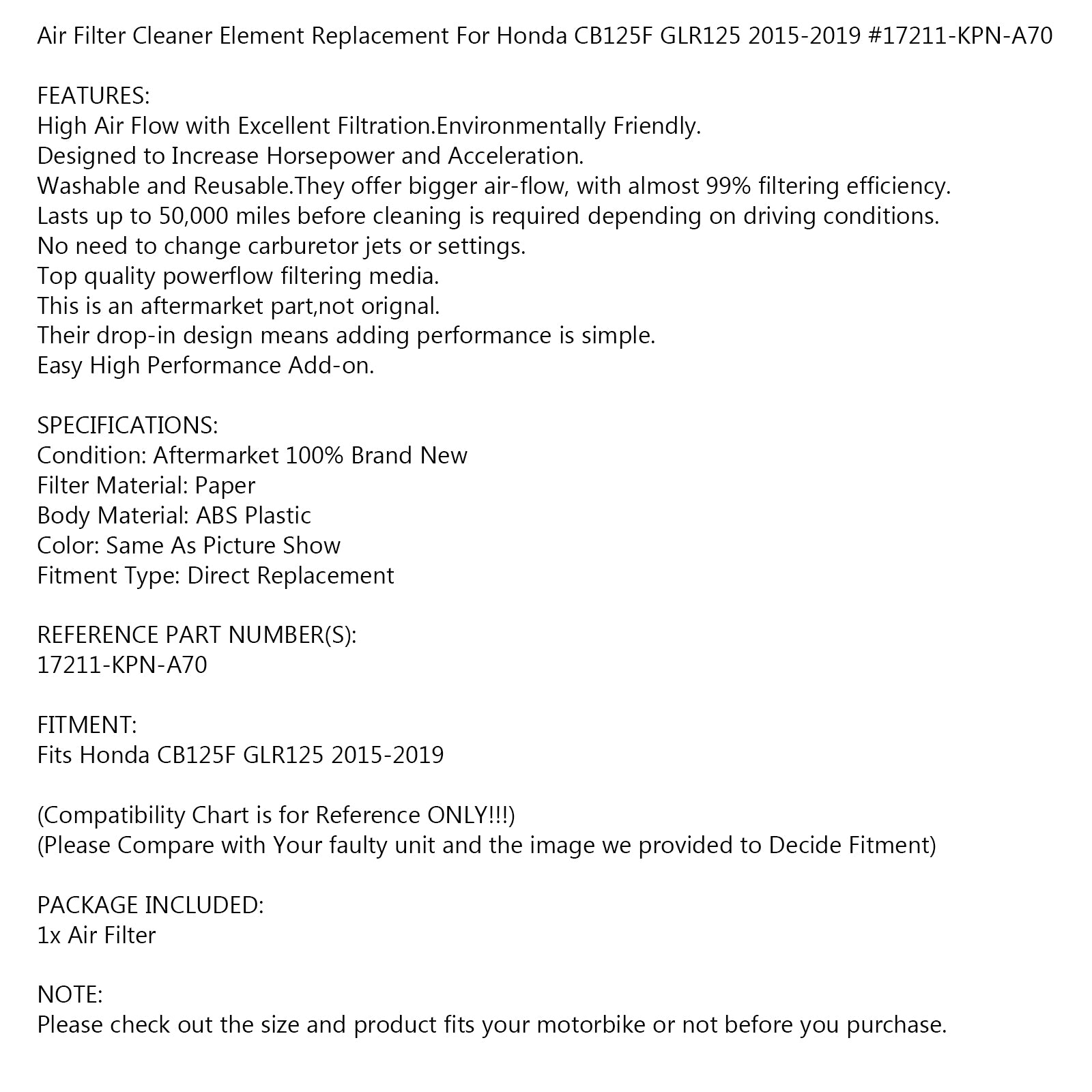 Air Filter Cleaner Fit for Honda CB125F GLR125 GLR 125 2015 2016 2017 2018 2019