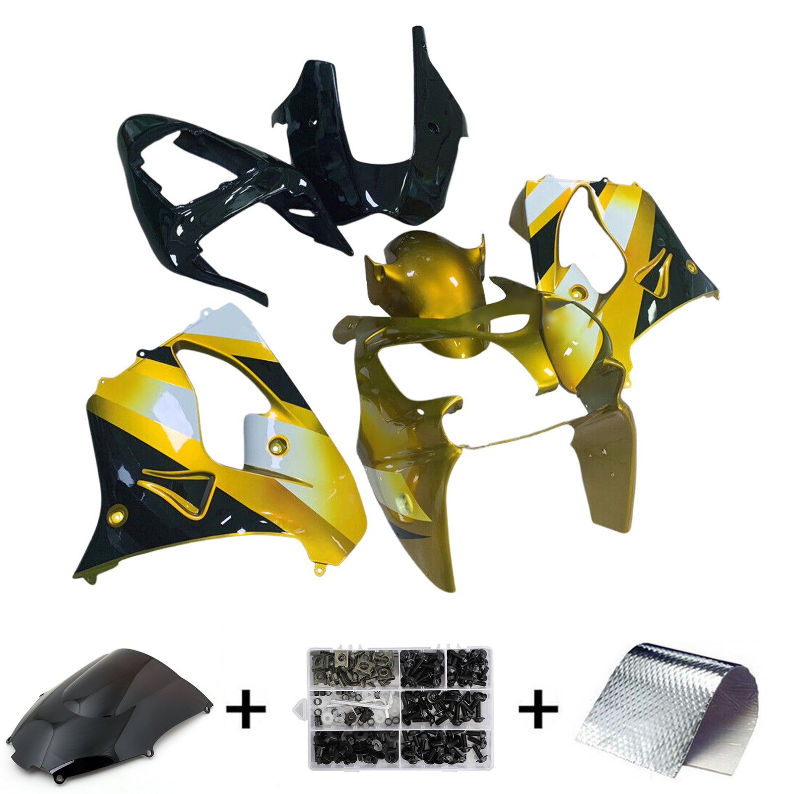 Amotopart Verkleidungssatz für Kawasaki ZX9R, 2002–2003, Schwarz/Gold/Gelb