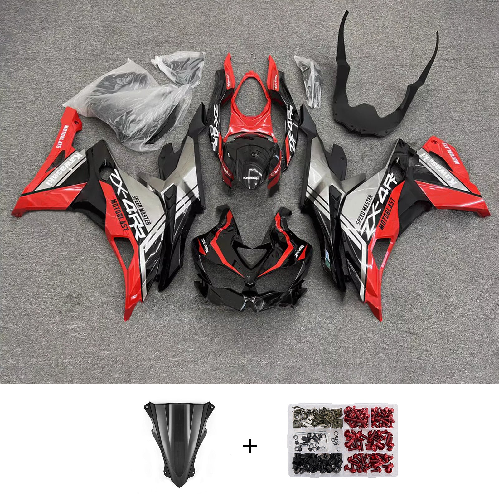 Amotopart 2019-2022 Kawasaki Ninja ZX-25R 2023-2025 Kawasaki Ninja ZX-4R/ZX-4RR Black Red Grey  Fairing Kit