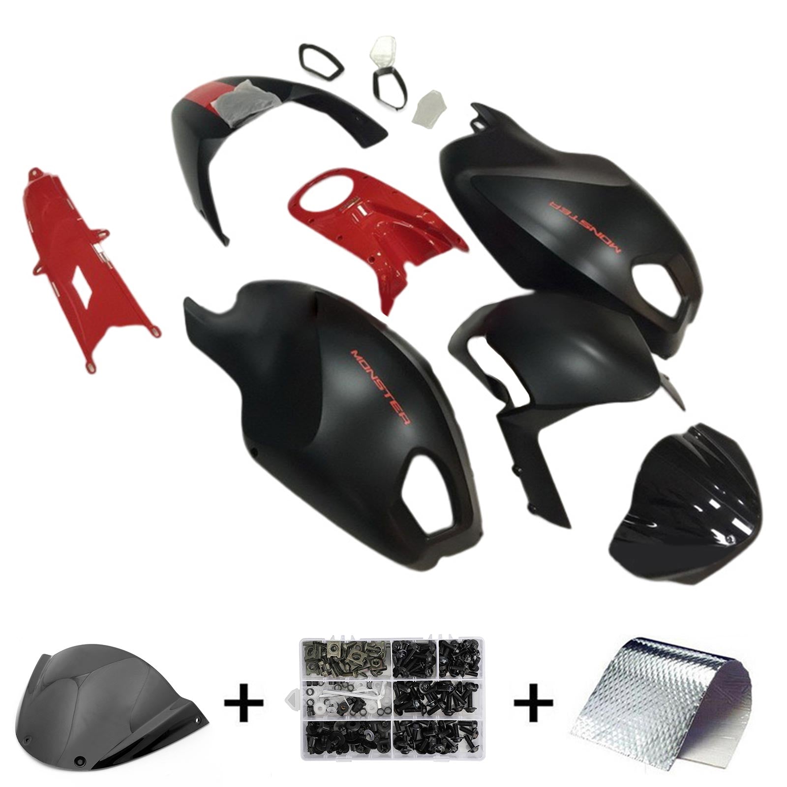 Amotopart Kit de carénage Ducati Monster 696 796 1100 S EVO toutes années noir mat et rouge Style1