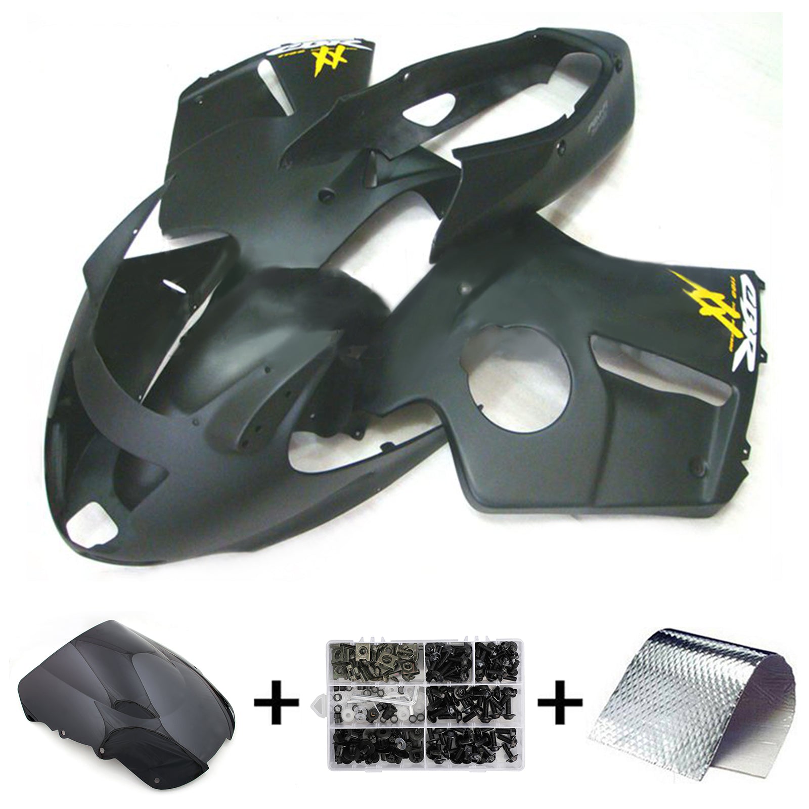 Amotopart 1996-2007 CBR1100XX SuperBlackBird ホンダ マットブラック イエローロゴ付き フェアリングキット