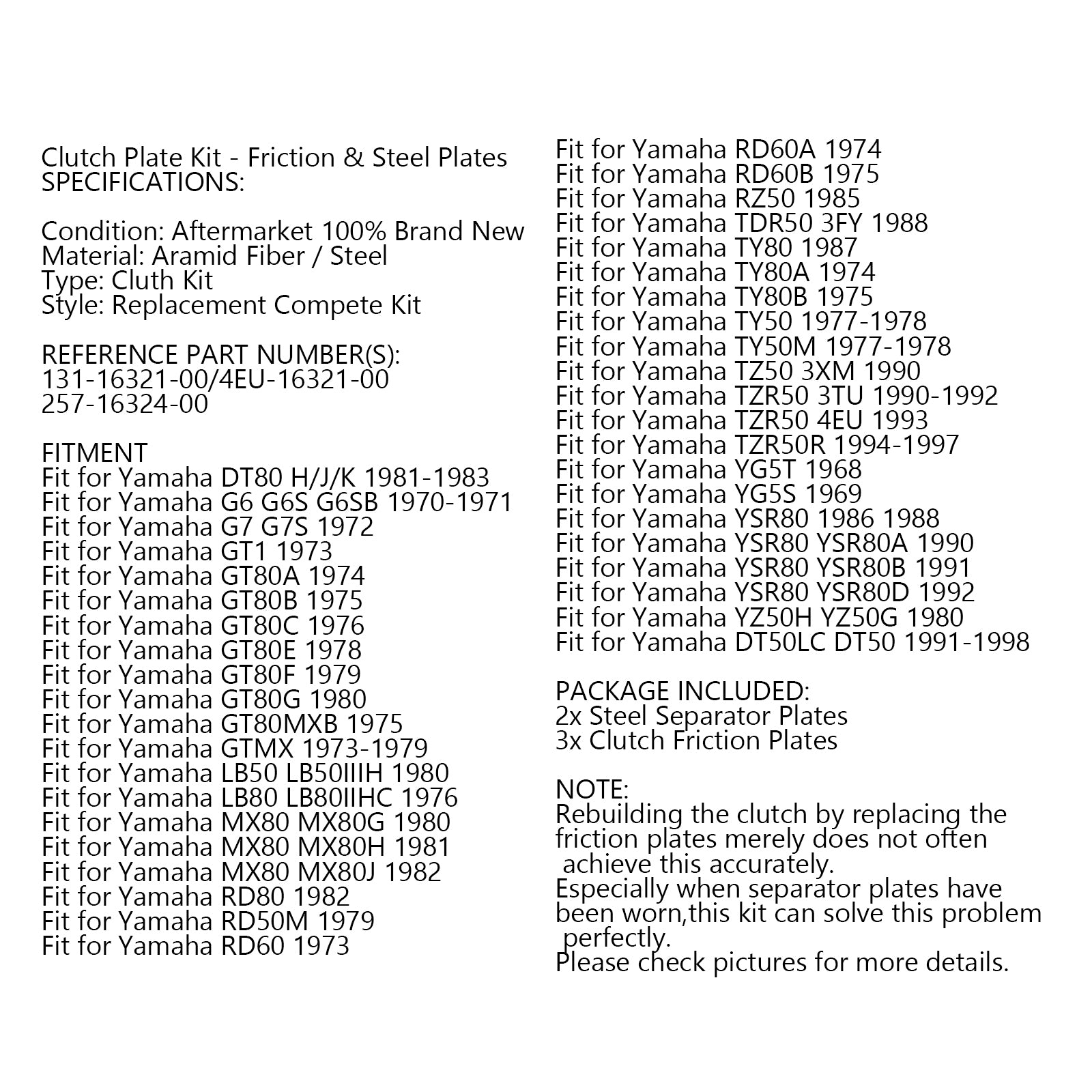 Clutch Kit Steel & Friction Plates fit for Yamaha YSR80 TZR50 TY50 MX80 GT80