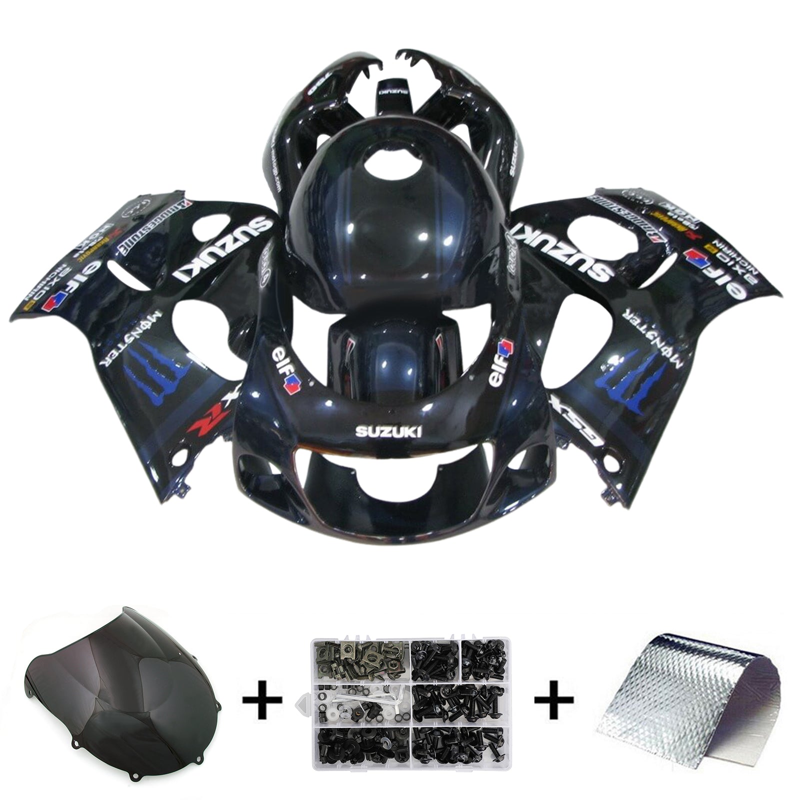 Amotopart Suzuki GSXR600 1996-2000 GSXR750 1996-1999 Kit de carenado negro con logotipo de monstruo azul