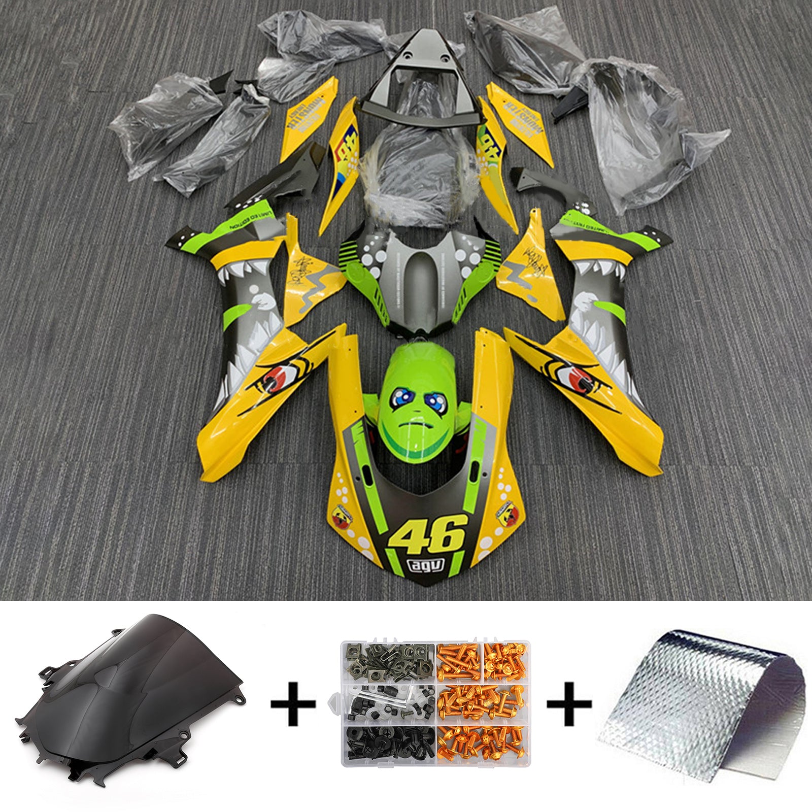 Amotopart ヤマハ YZF 1000 R1 2015-2019 イエロー グリーン シャーク ティース フェアリング キット