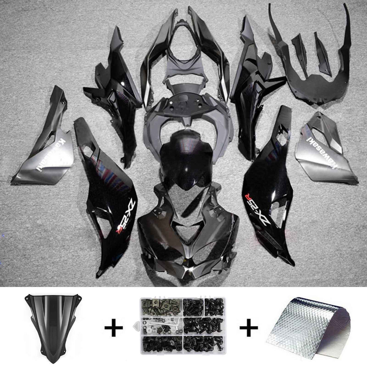 Amotopart 2019-2024 Ninja ZX-25R ZX-4R ZX-4RR Kawasaki Kit de carenado negro y gris