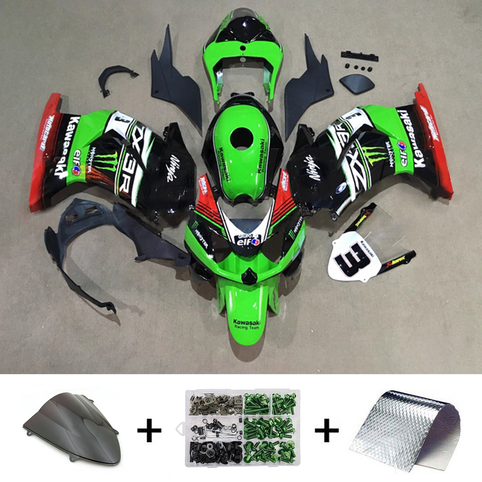 Amotopart 2008-2012 Kawasaki EX250/Ninja250R Black Green Red White Fairing Kit