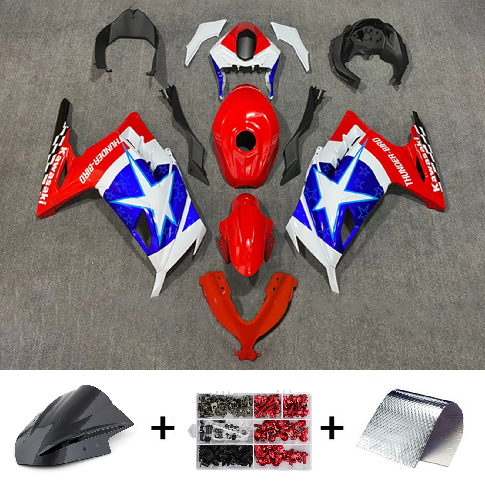 Amotopart 2013-2024 Kawasaki EX300/Ninja300 Kit de carenado de estrella roja y azul