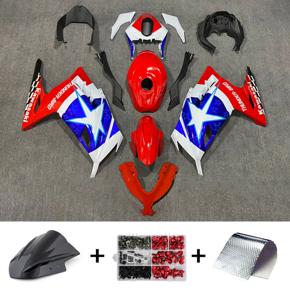 Amotopart 2013-2024 Kawasaki EX300/Ninja300 Red&Blue Star Fairing Kit