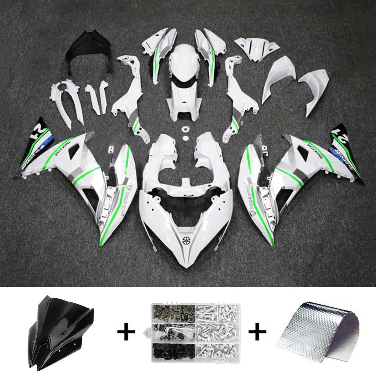 Amotopart 2017-2019 Kawasaki ER6F/Ninja650R Kit de carénage blanc avec bande verte