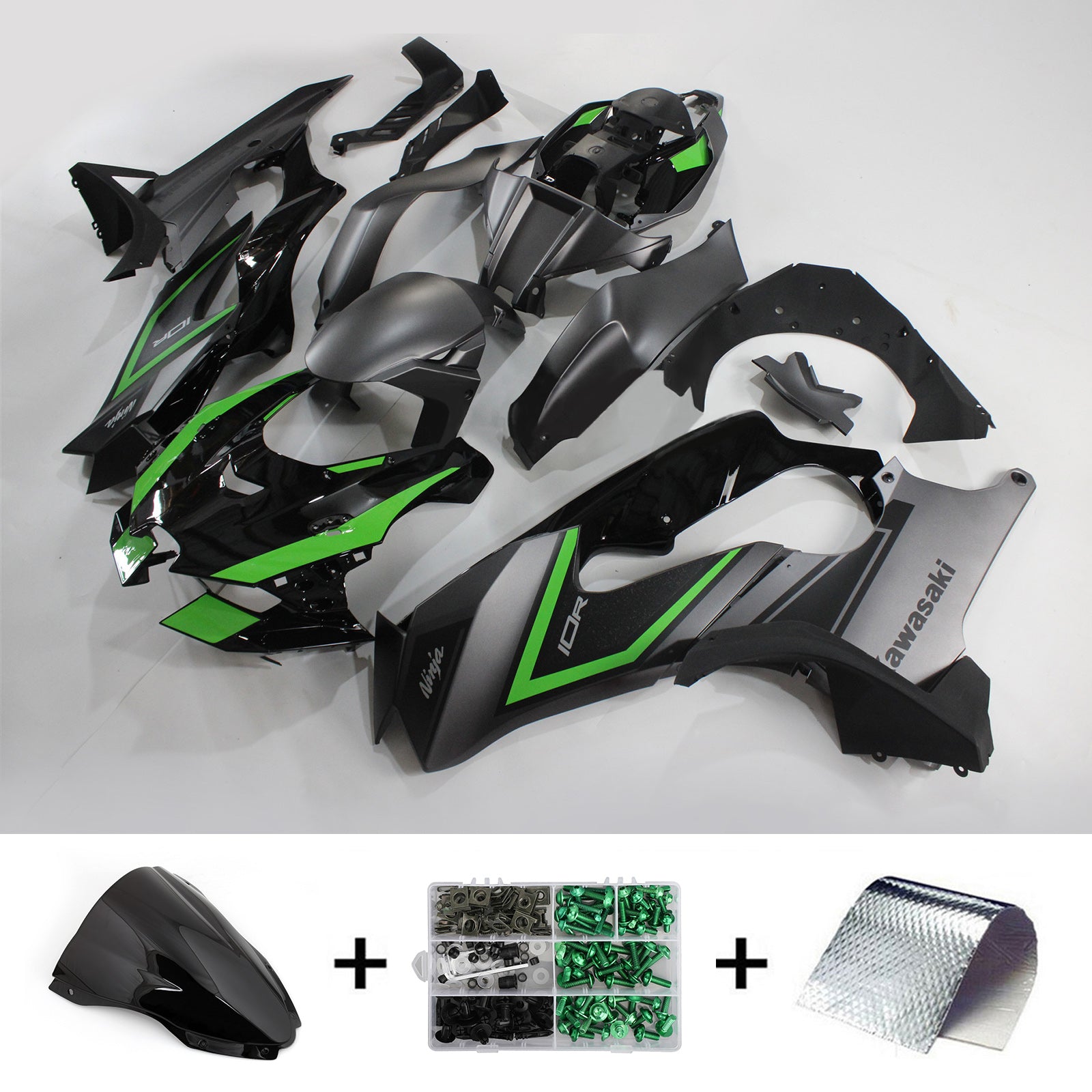 Amotopart 2021-2024 Kawasaki ZX10R ZX10RR Noir avec carénage Style2 Accent vert