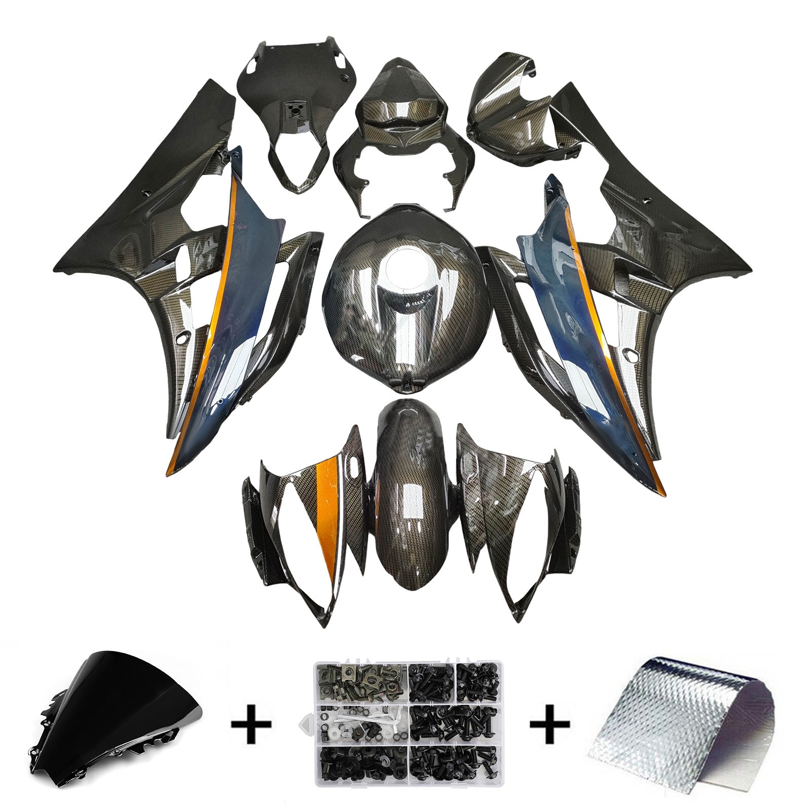 Amotopart 2006-2007 Yamaha YZF-R6 Blue & Black Carbon Fiber Pattern Fairing Kit