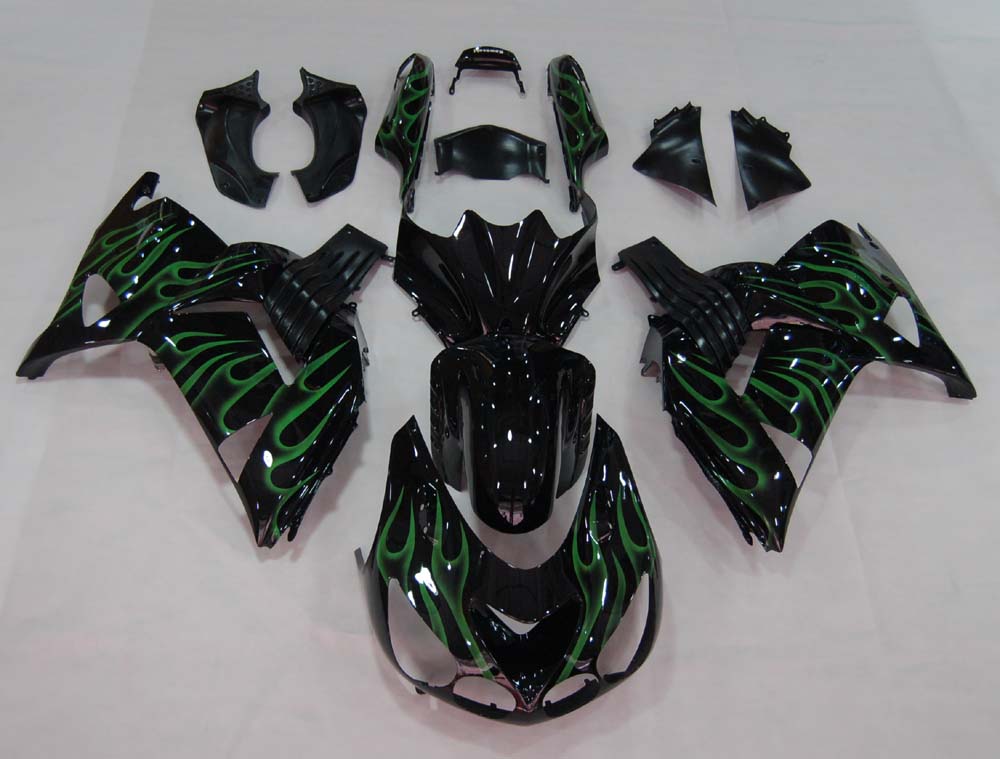 Amotopart 2006-2011 Kawasaki ZX14R Black with Green Flame Fairing Kit