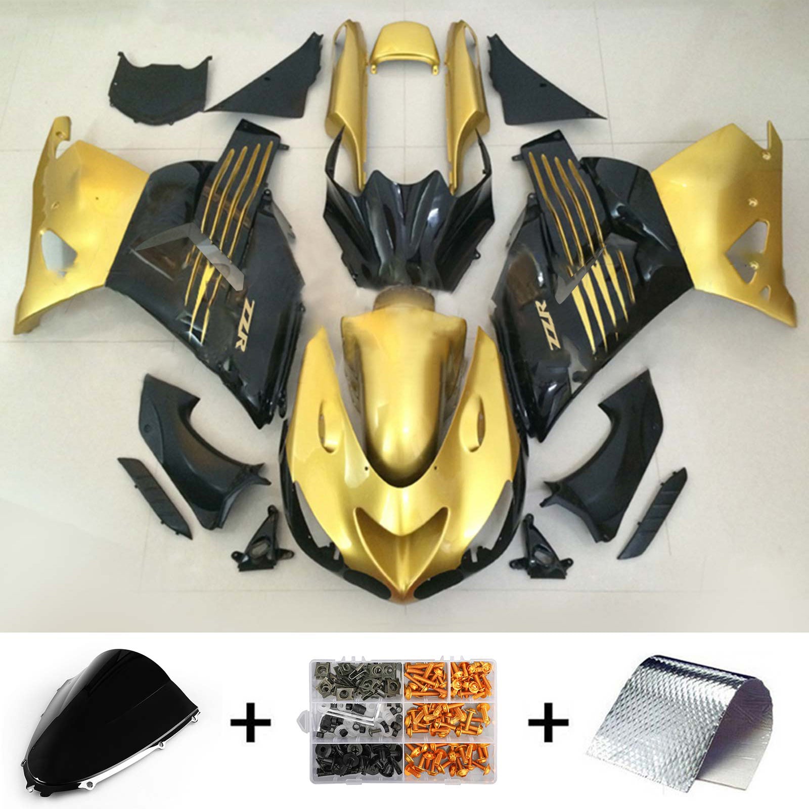 Amotopart 2006-2011 Kawasaki ZX14R Kit de carenado dorado brillante y negro