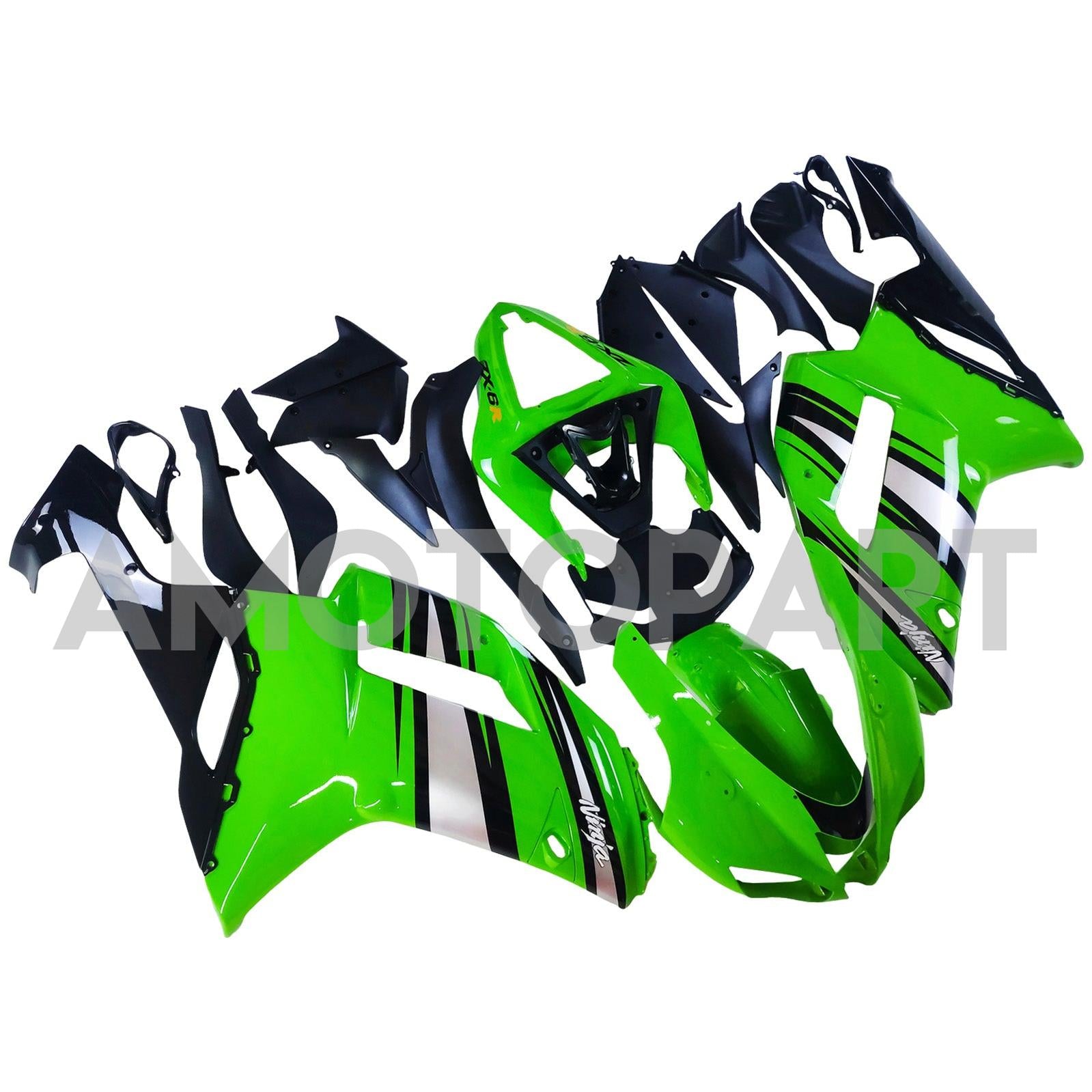 Amotopart 2007-2008 Kawasaki ZX6R 636 Glossy Silver Green Black Fairing Kit