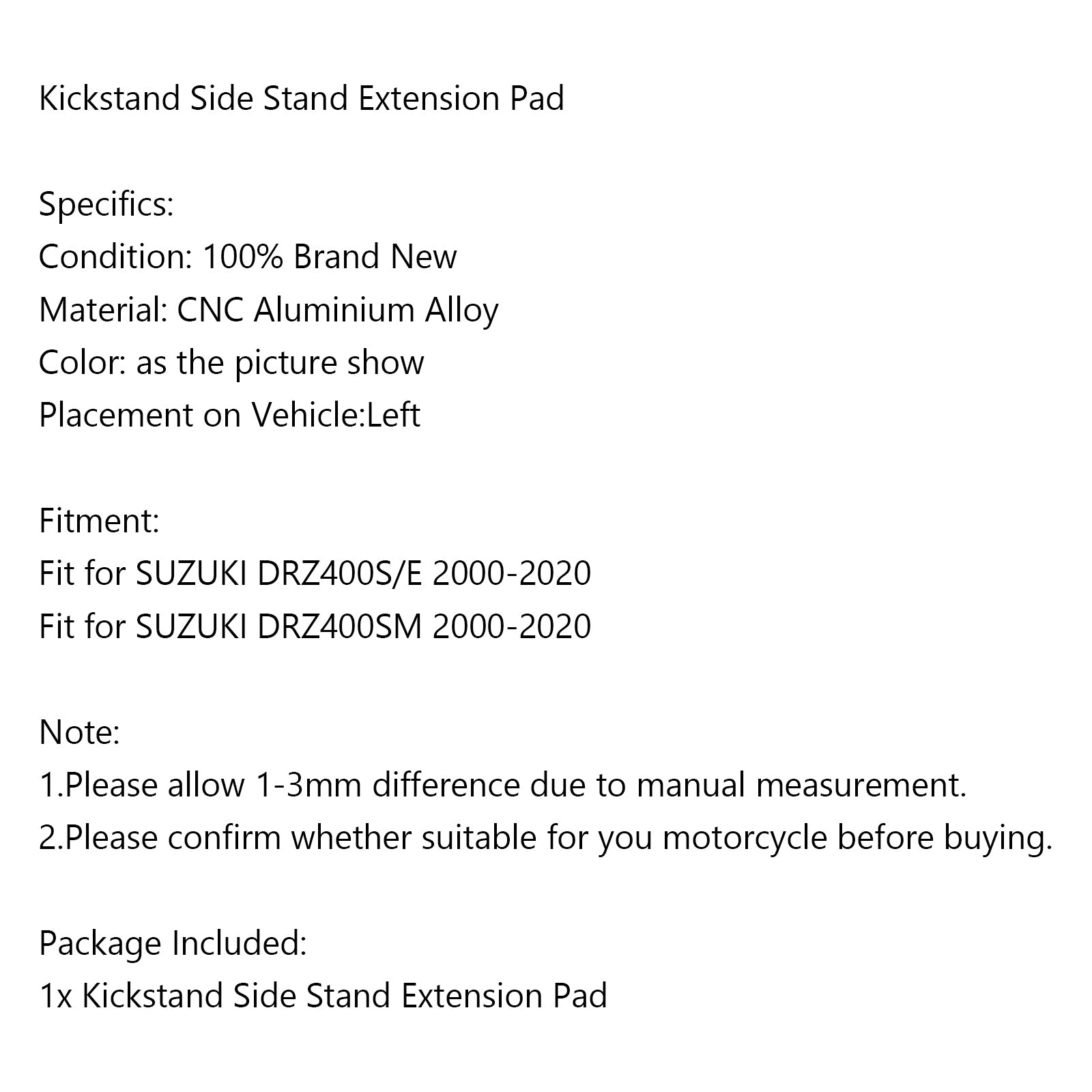 Kickstand Sidestand Enlarge Plate Pad for SUZUKI DRZ400S/E DRZ400SM 2000+ Black