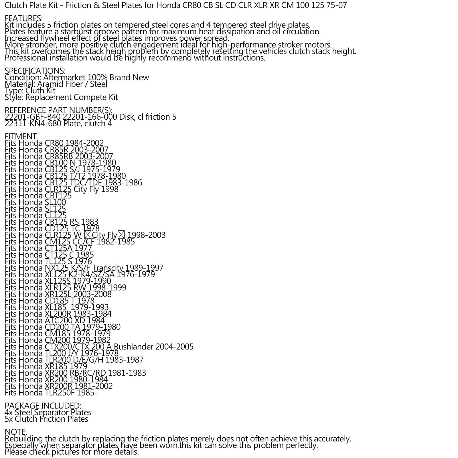 Clutch Kit Steel & Friction Plates for Honda CR80 CB SL CD CLR XLR XR CM 100 125