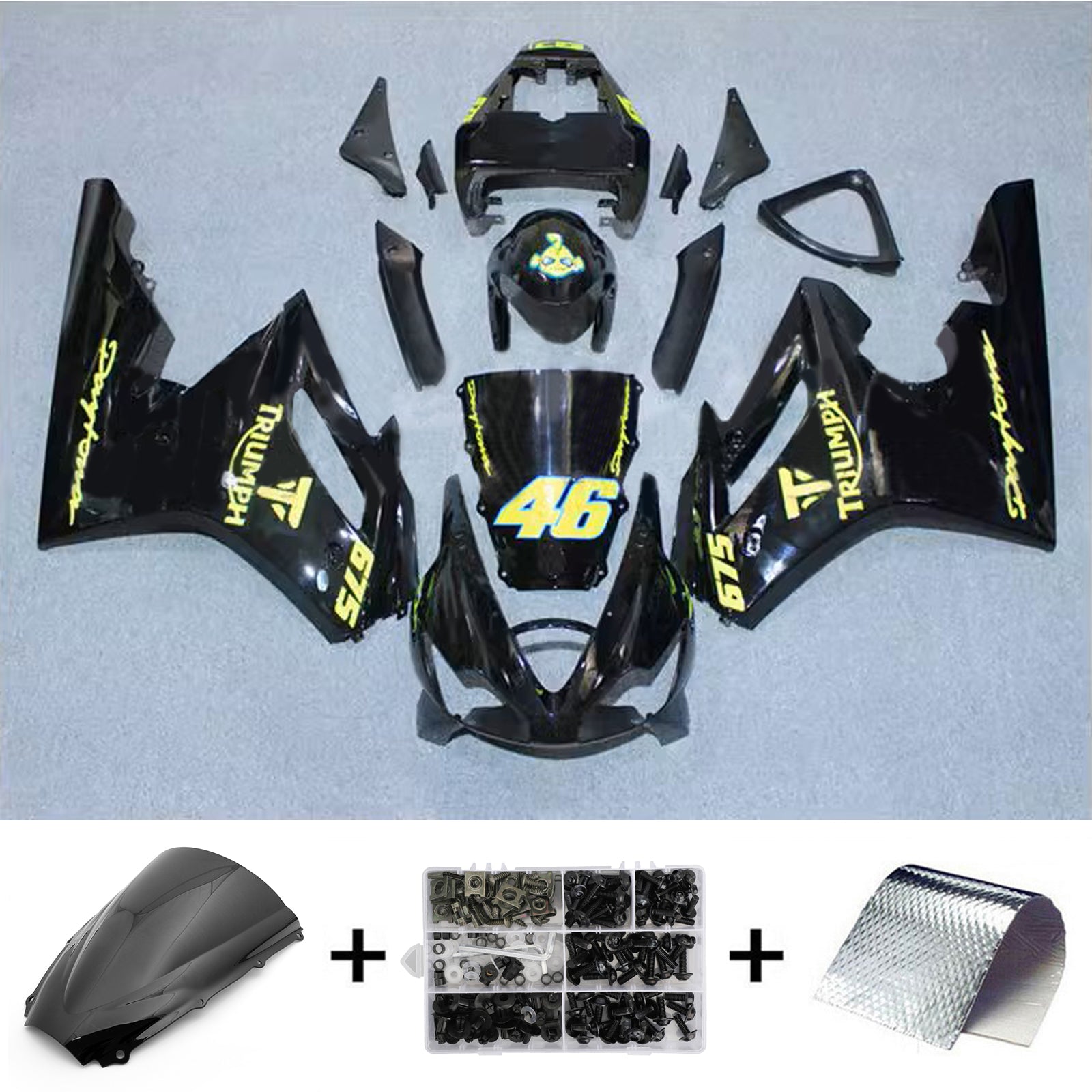 Amotopart 2006-2008 Triumph Daytona 675 Glossy Black Yellow Fairing Kit