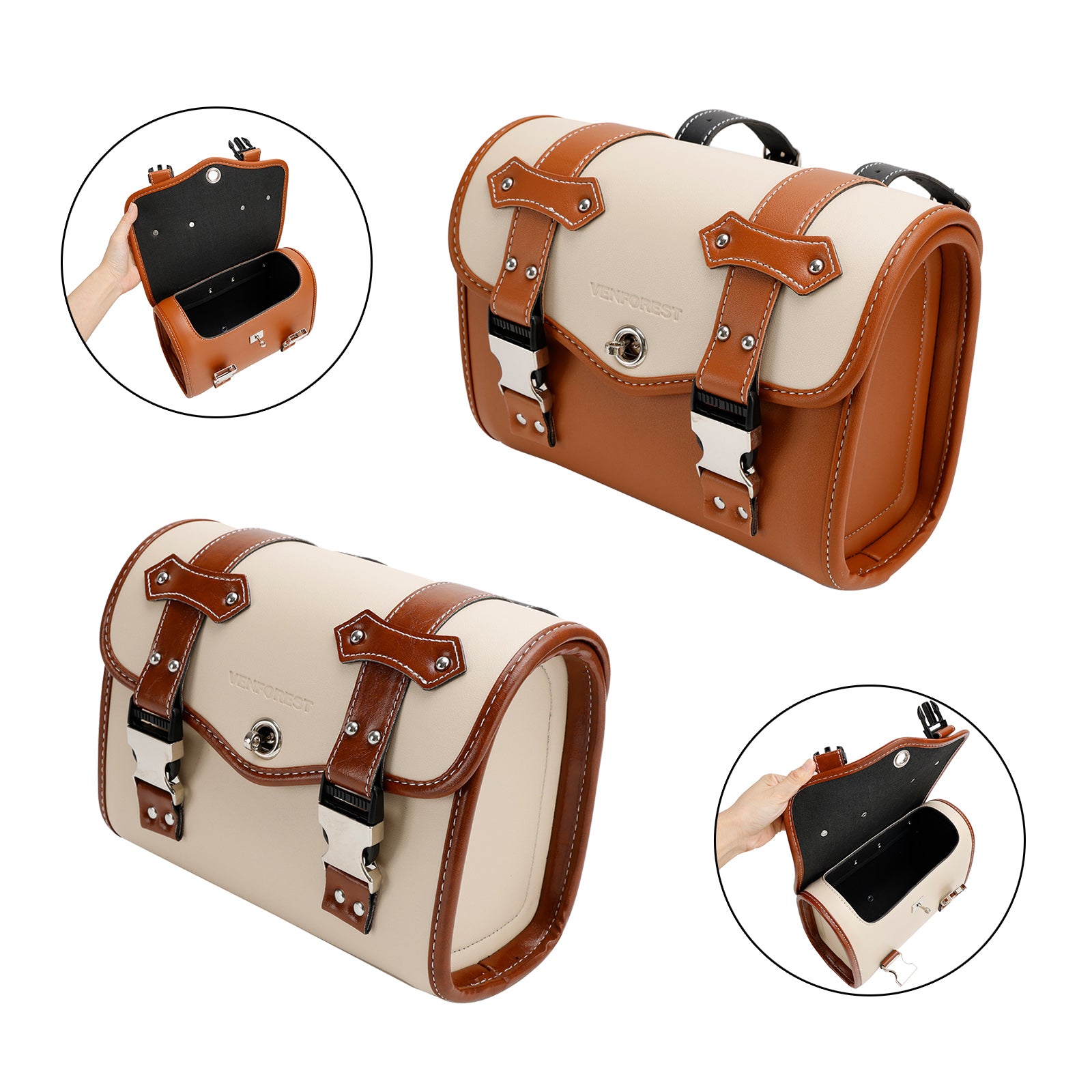 Color Matching Side Saddlebag Tool Bag Luggage Pouch Storage Pu For Motorbike Brown-White