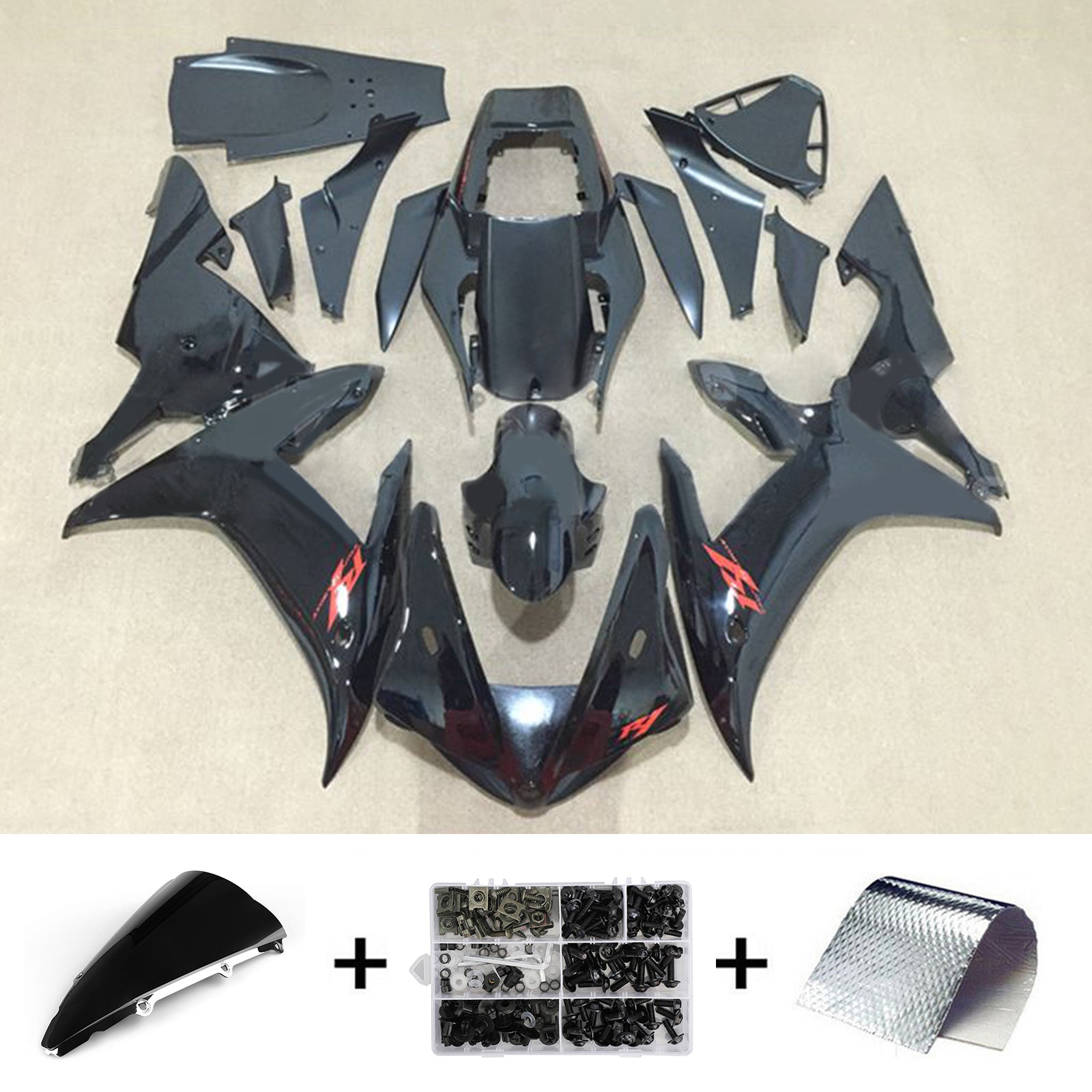 Amotopart 2002–2003 YZF-R1 Yamaha Verkleidungsset in glänzendem Schwarz mit Logo